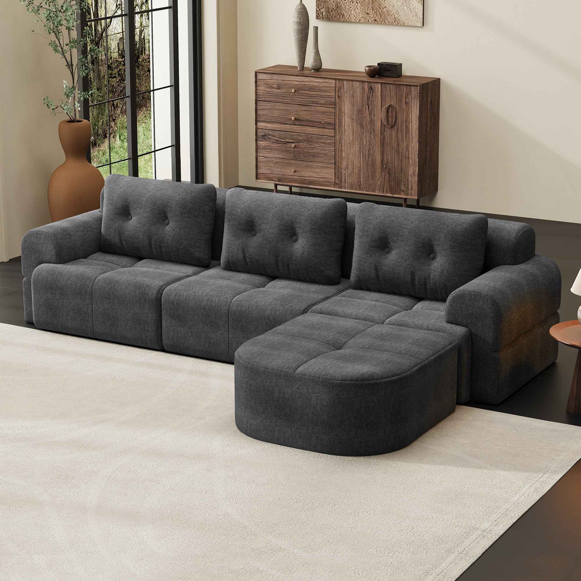 Modular Sectional Sofa Couch with Chaise, Full-Foam Structure, Compression Packaging Design, Woven Texture Upholstery, Oversized Modern Sofa for Living Room
