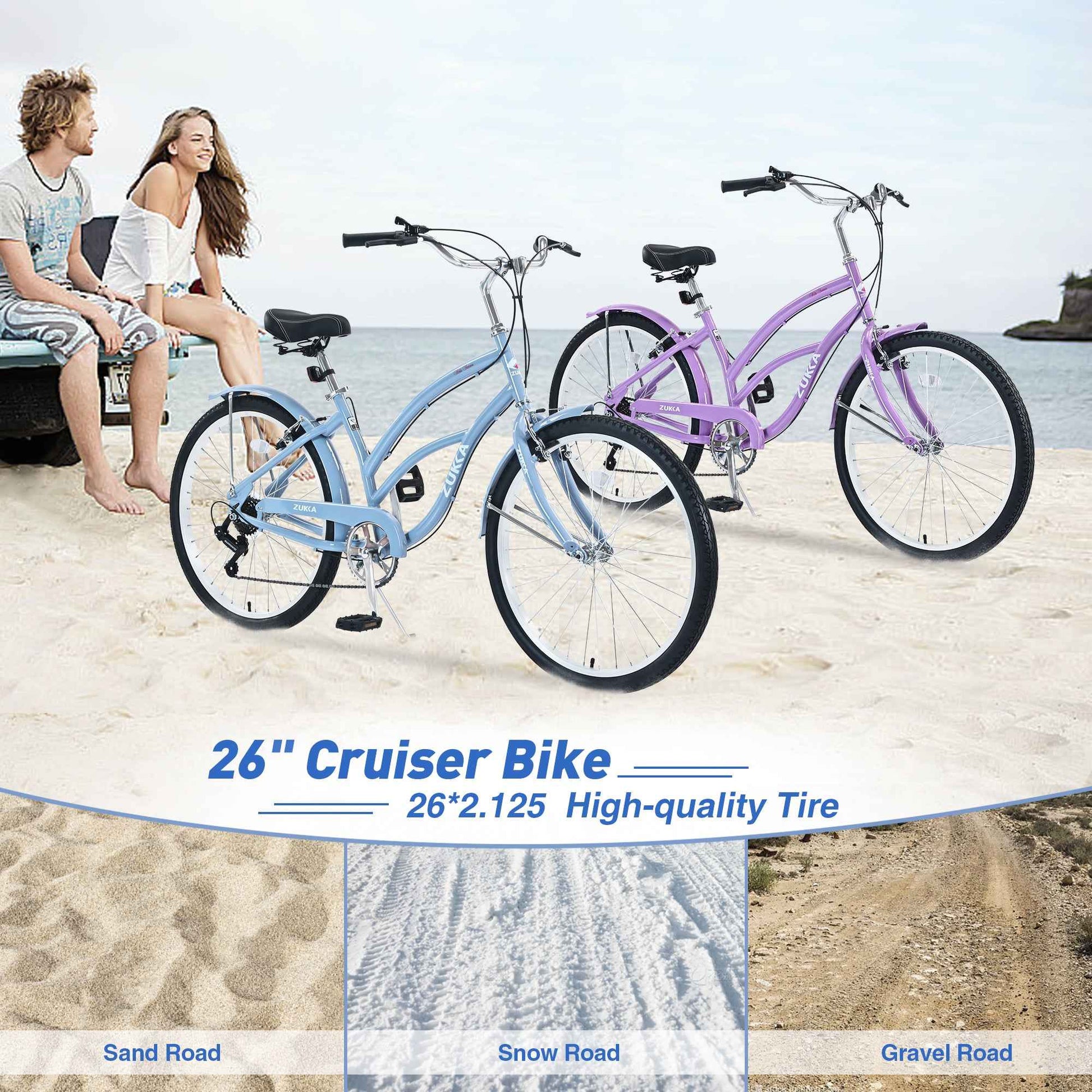 7 Speed Bicycles,  Multiple Colors 26'Inch  Beach Cruiser Bike