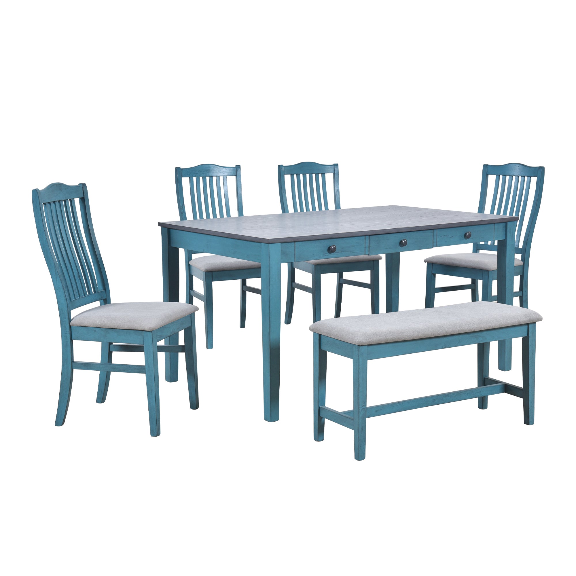 TOPMAX Mid-Century 6-Piece Wood Dining Table Set, Kitchen Table Set with Drawer, Upholstered Chairs and Bench, Antique Blue