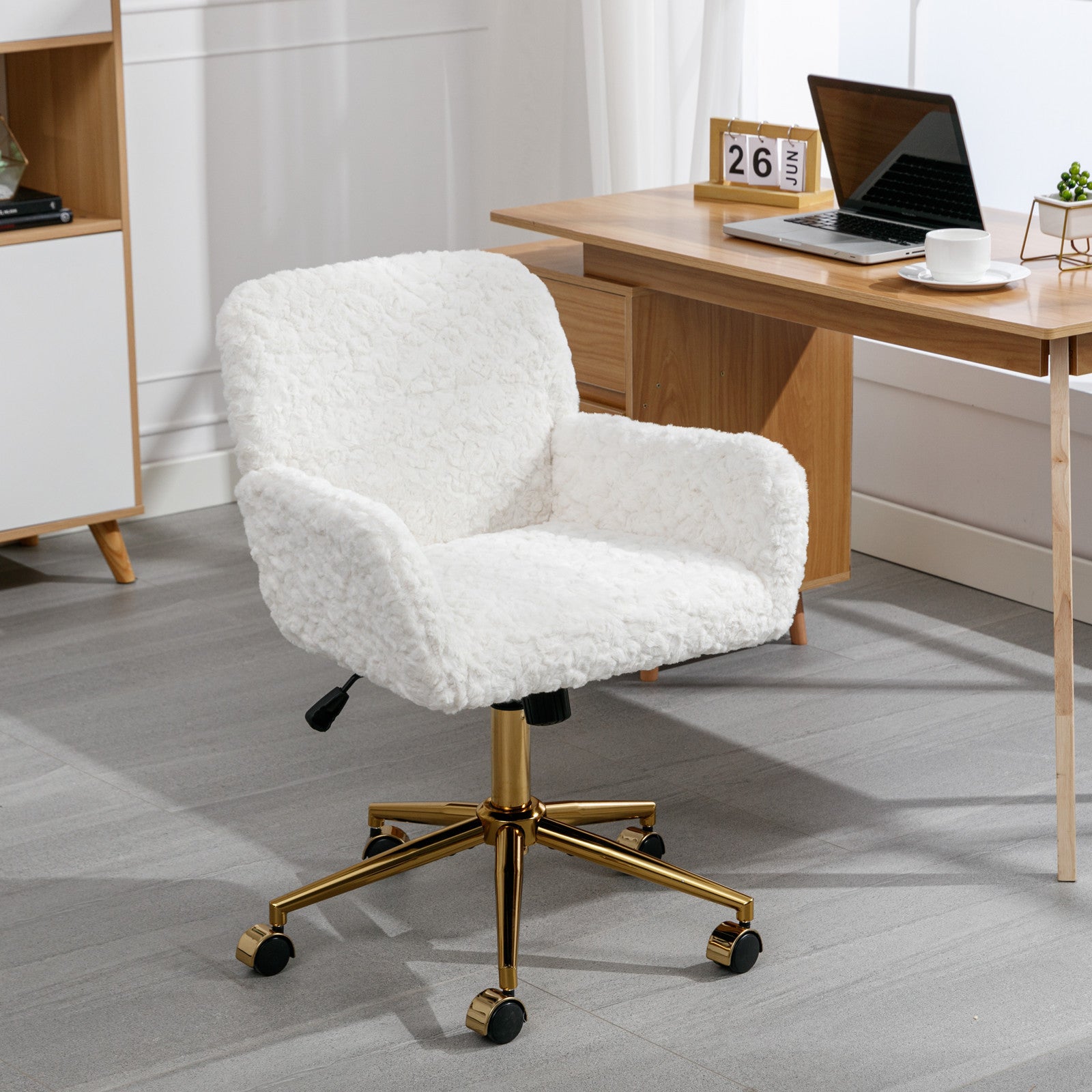 A&A Furniture Artificial Rabbit Hair Office Chair with Golden Metal Base, Adjustable Swivel Vanity Chair, Beige Velvet - Abrihome