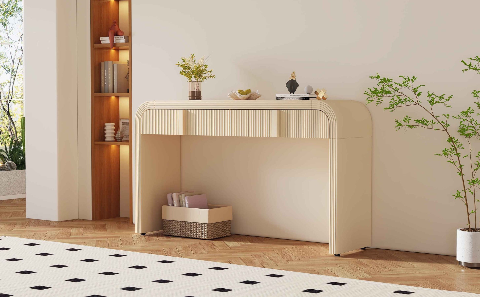 TREXM Modern Console Table with 2 Storage Drawers, Fluted Entryway Table with Rounded Silhouette for Hallway Living Room and Entryway (Apricot Cream)