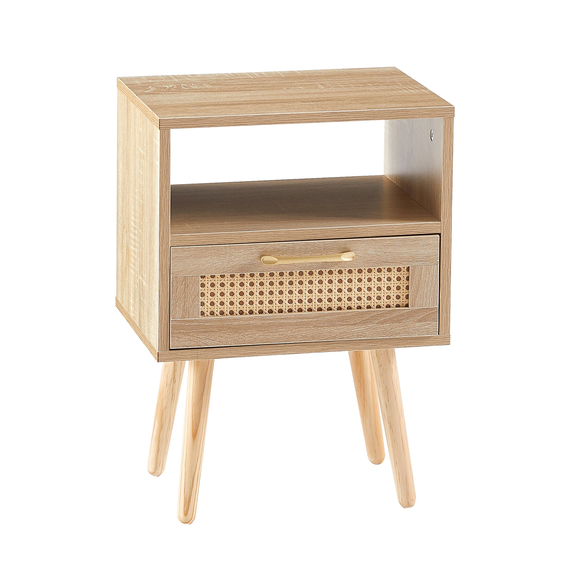 15.75" Rattan End table with  drawer and solid wood legs, Modern nightstand, side table for living room, bedroom,natural - Abrihome