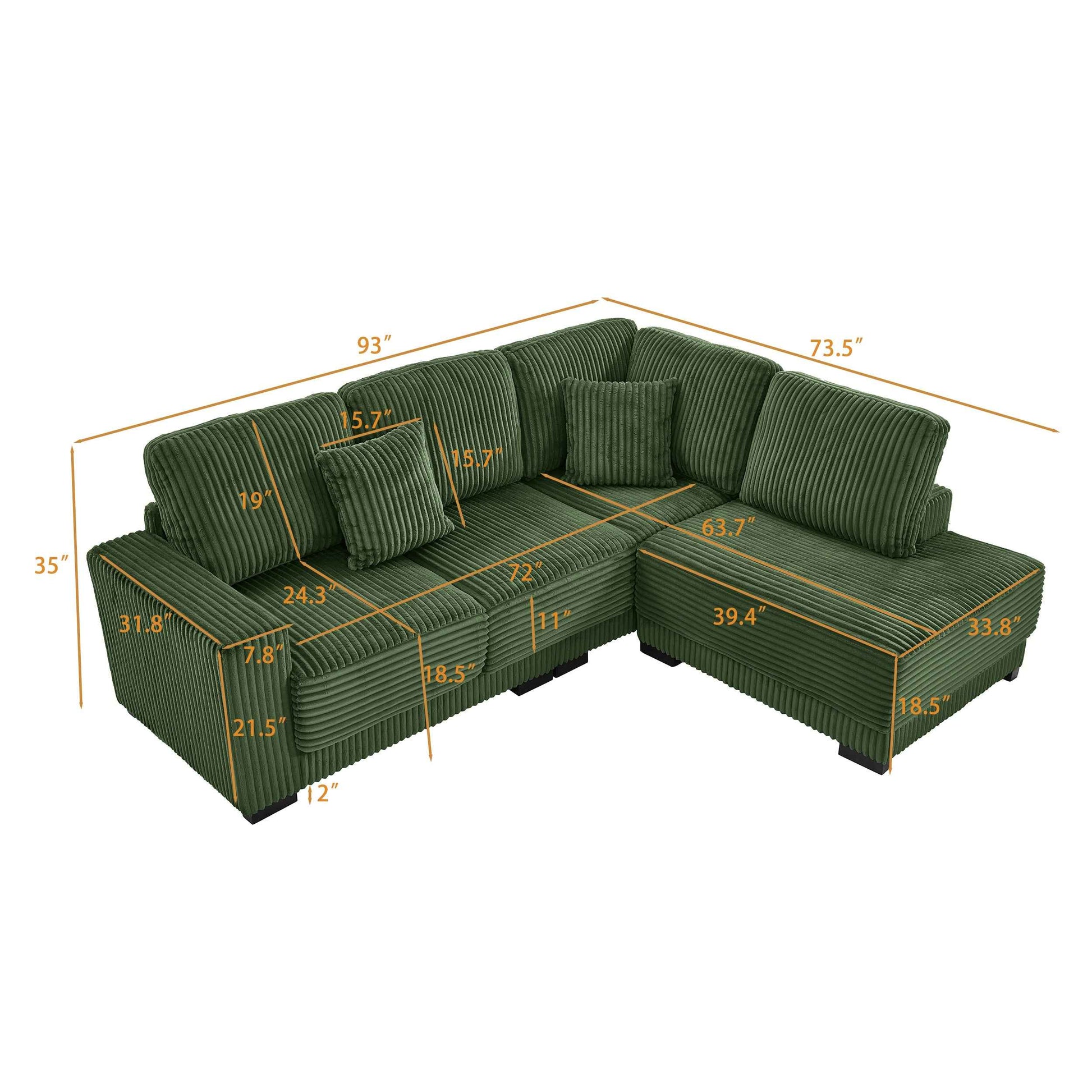 93' Sectional Sofa, L Shaped Sofa Couch with Reversible Chaise Lounge, Upholstered Soft Corduroy Couch for Living Room, Apartment (Green)