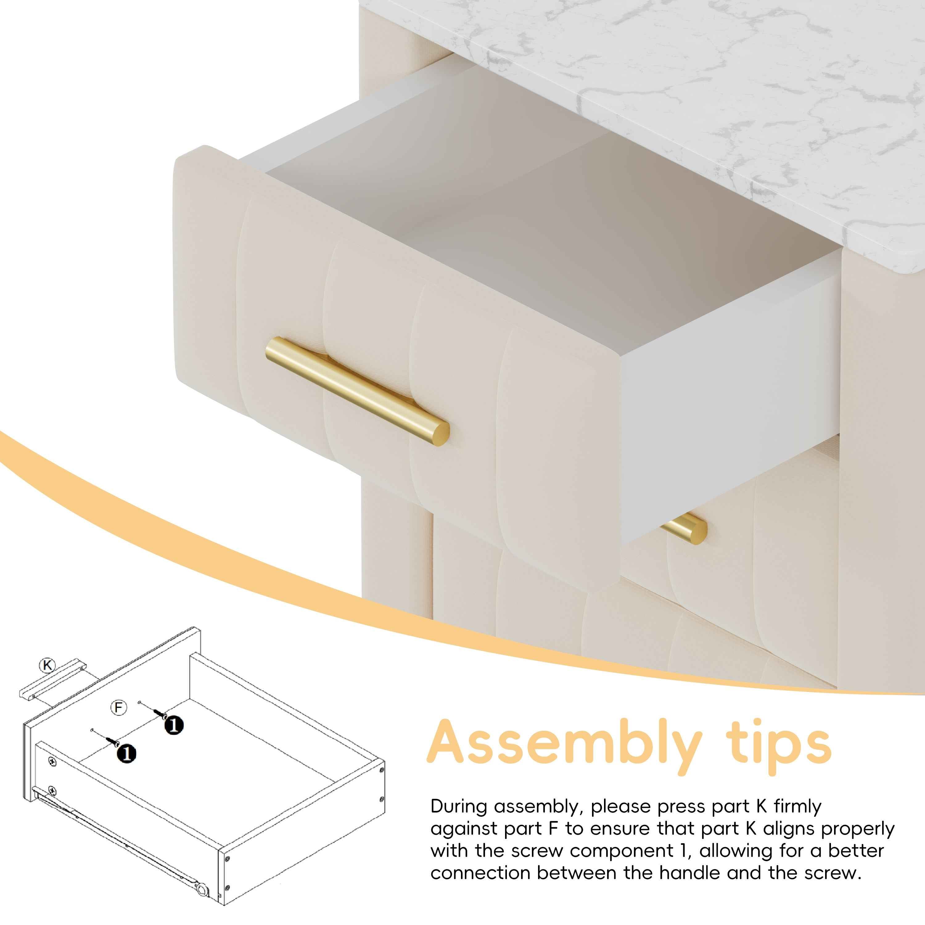 Upholstered Wooden Nightstand with 3 Drawers and Metal Legs&Handles, Bedside Table with Marbling Stickers Worktop - Beige