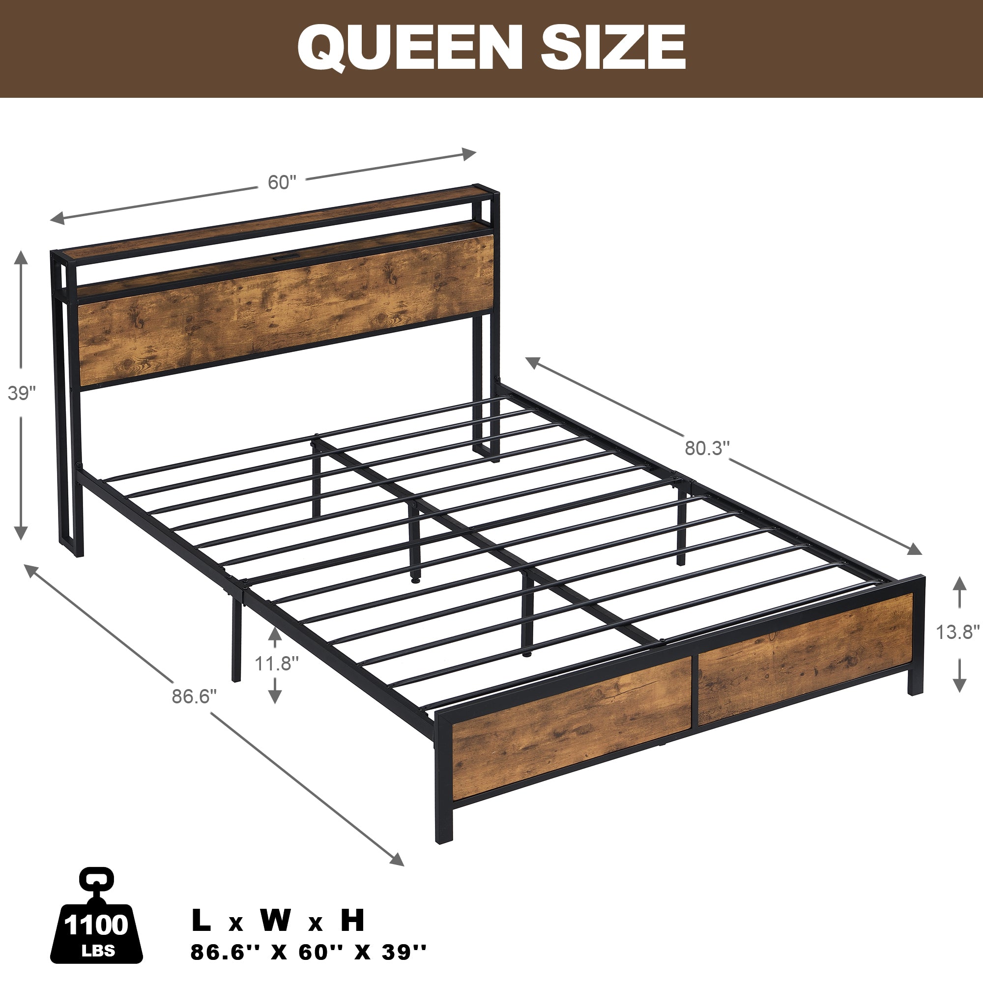 Industrial Queen Bed Frame with LED Lights and 2 USB Ports, Bed Frame Queen Size with Storage, Noise Free, No Box Spring Needed, Rustic Brown