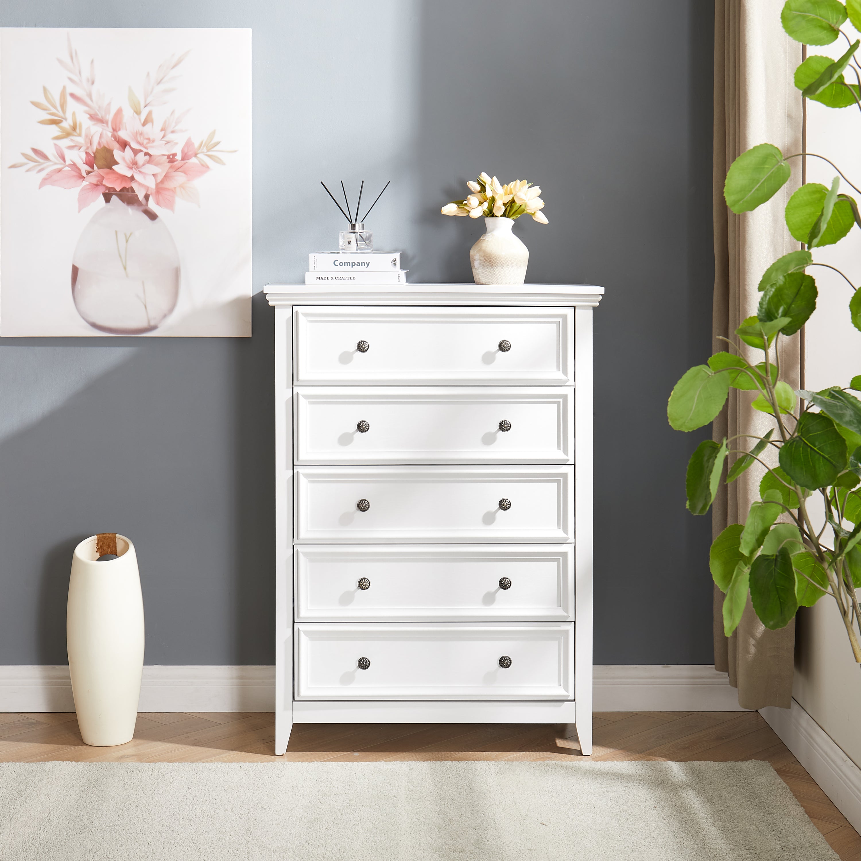 Modern 5 Drawers Dresser 5 Drawers Cabinet,Chest of Drawers Closet Organizers and Storage Clothes Storage Drawers Cabinet for Living Room, Farmhouse Dresser Organizer WHITE - Abrihome