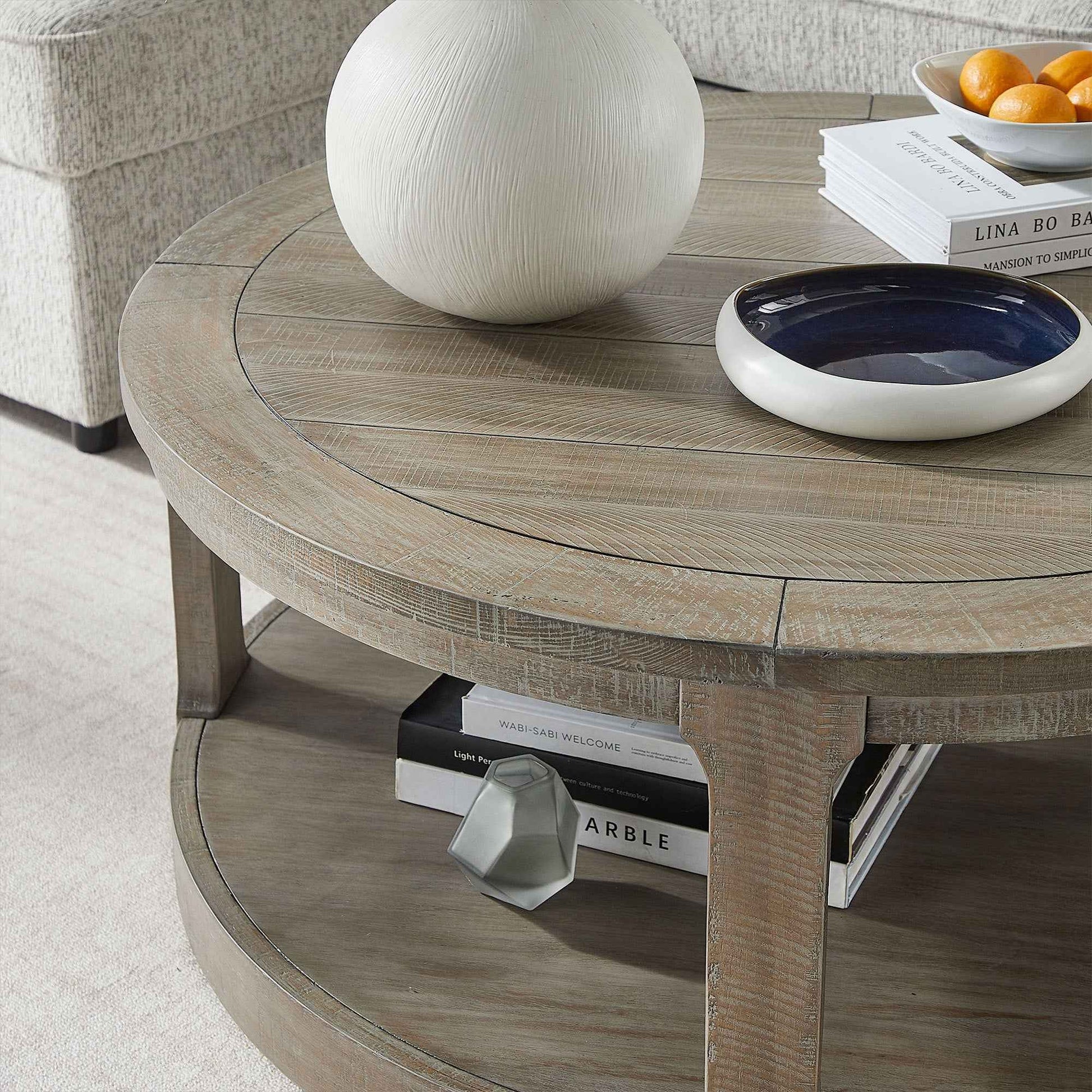 40inch Large Curved 2 Tier Traditional Round Circle Wooden Center Coffee Table,Rounded Table with Wheels,Mid Century Rustic Style Table for living Room,Office,Apartment,Light Brown