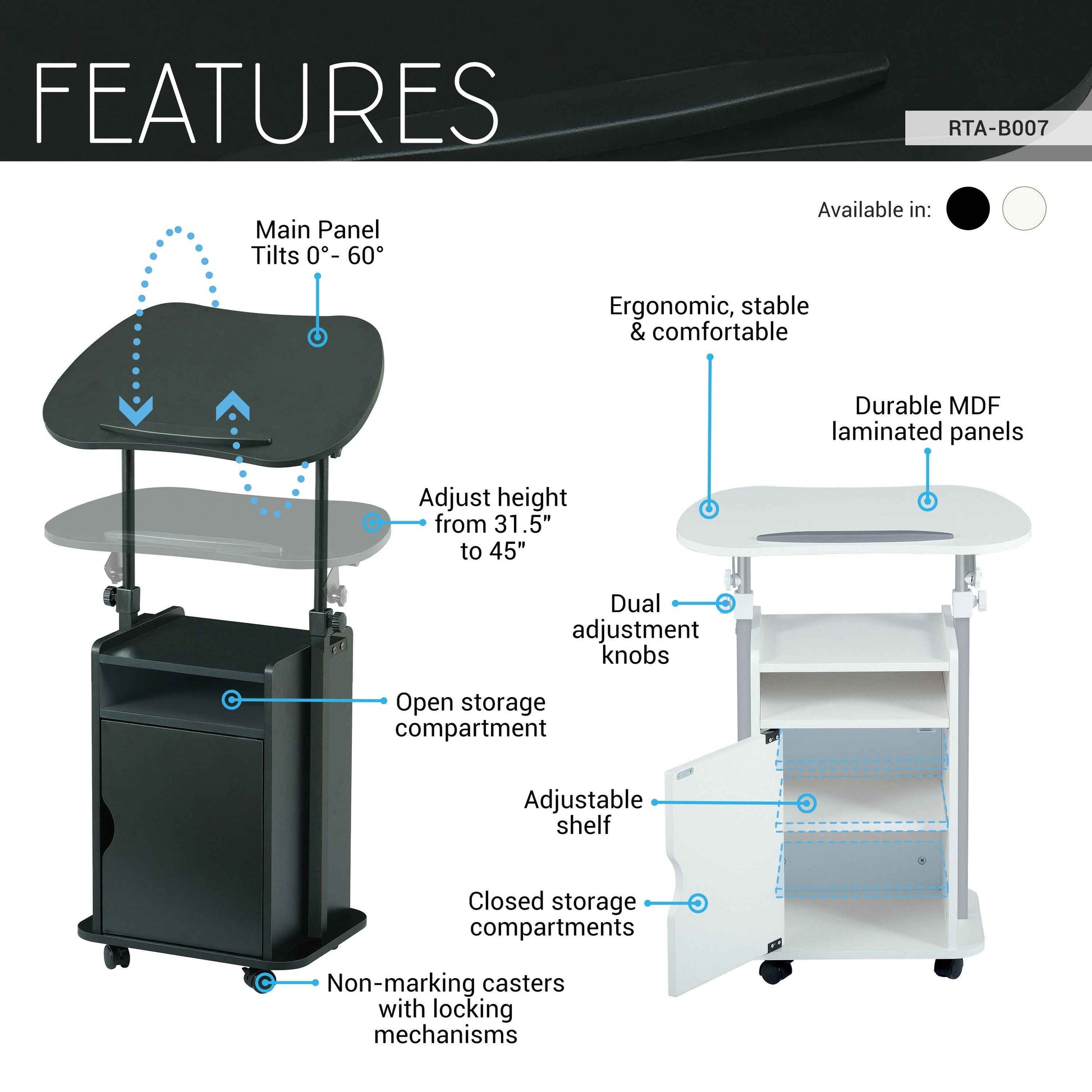 Techni Mobili Sit-to-Stand Rolling Adjustable Laptop Cart With Storage, Black