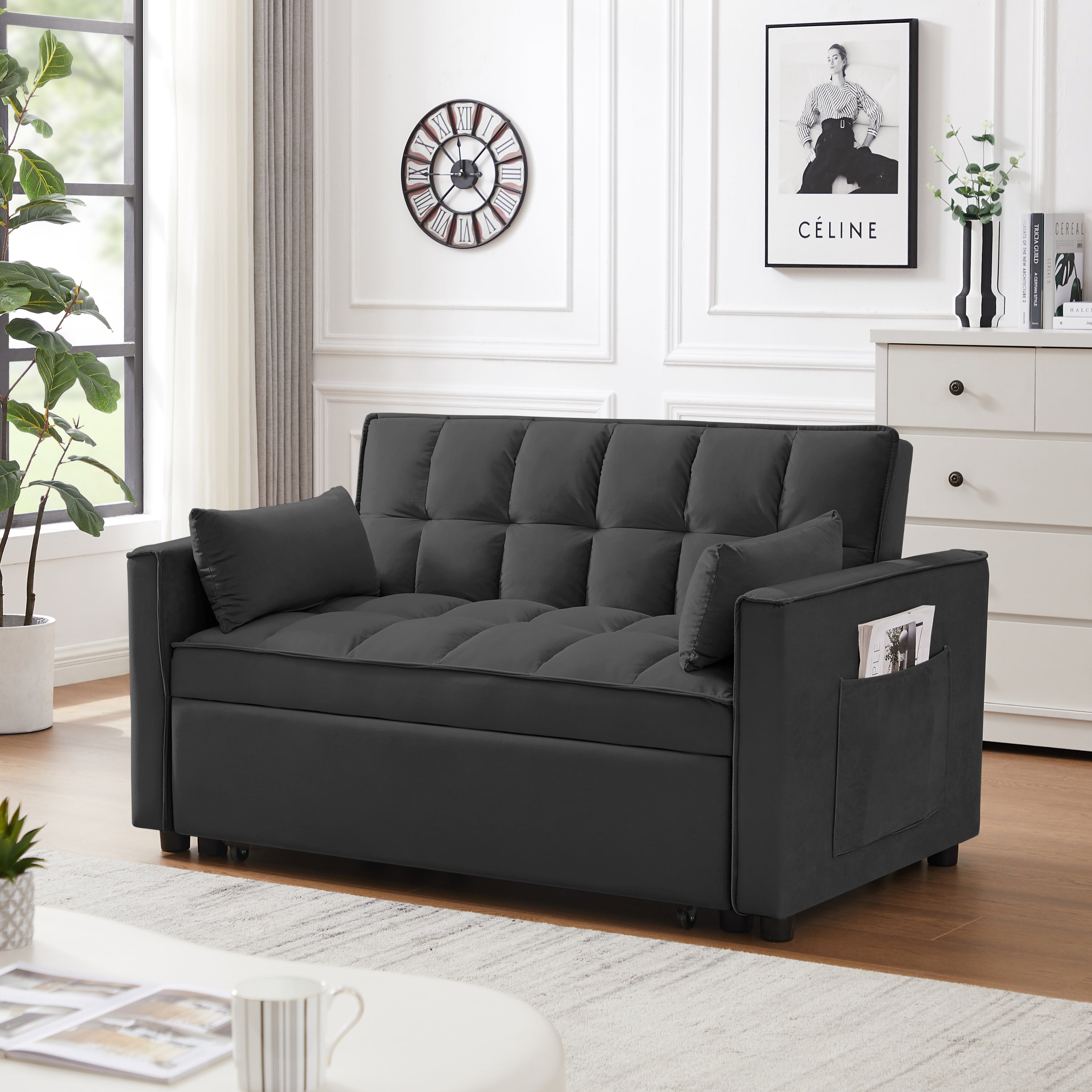 Modern Velvet Loveseat Futon Sofa Couch w/Pullout Bed,Small Love Seat Lounge Sofa w/Reclining Backrest,Toss Pillows, Pockets,Furniture for Living Room,3 in 1 Convertible Sleeper Sofa Bed, Black