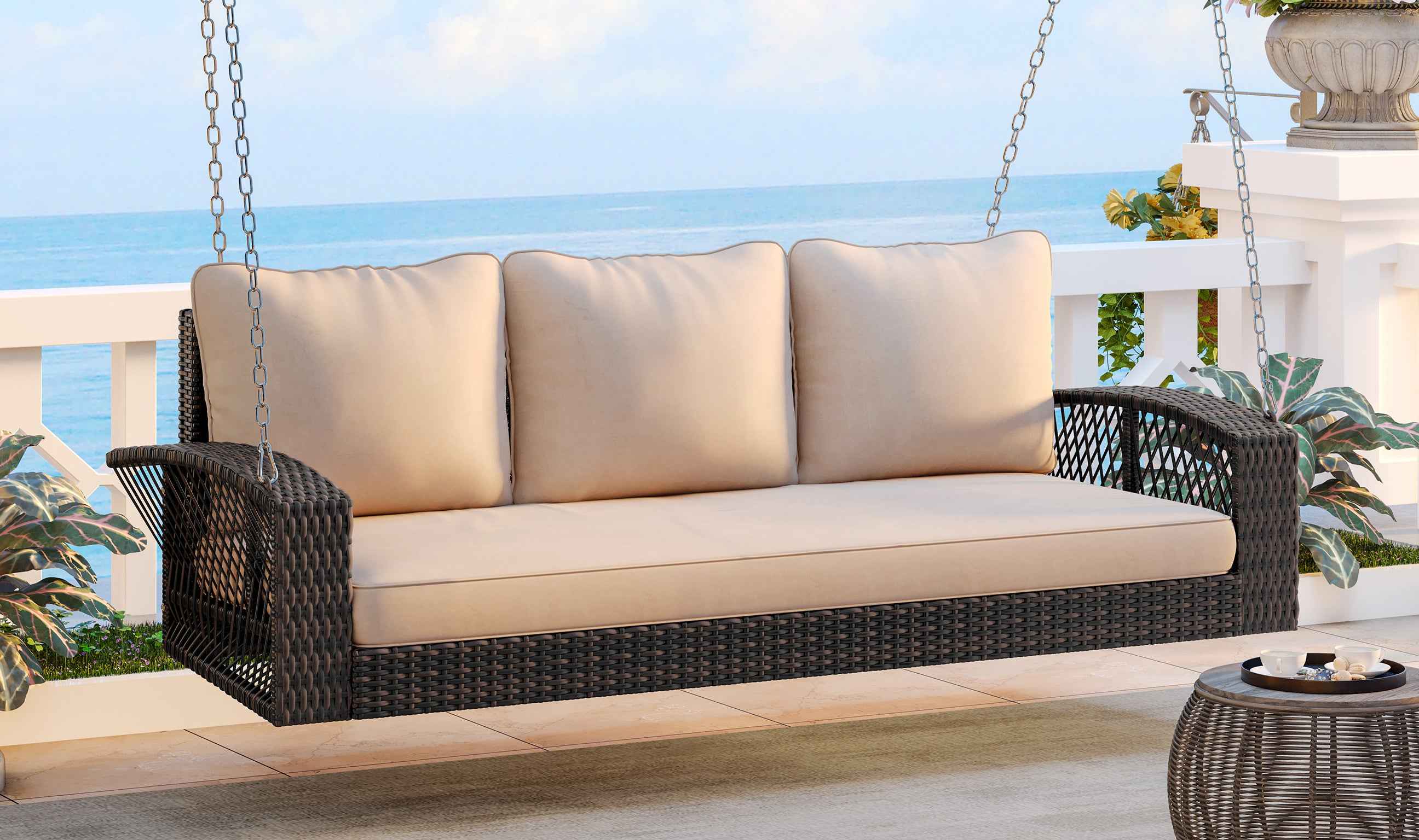 GO 69' PE Wicker 3-Person Porch Swing with Chains, Large Patio Swing Bench with Cushions for Backyard, Garden, and Poolside, Brown