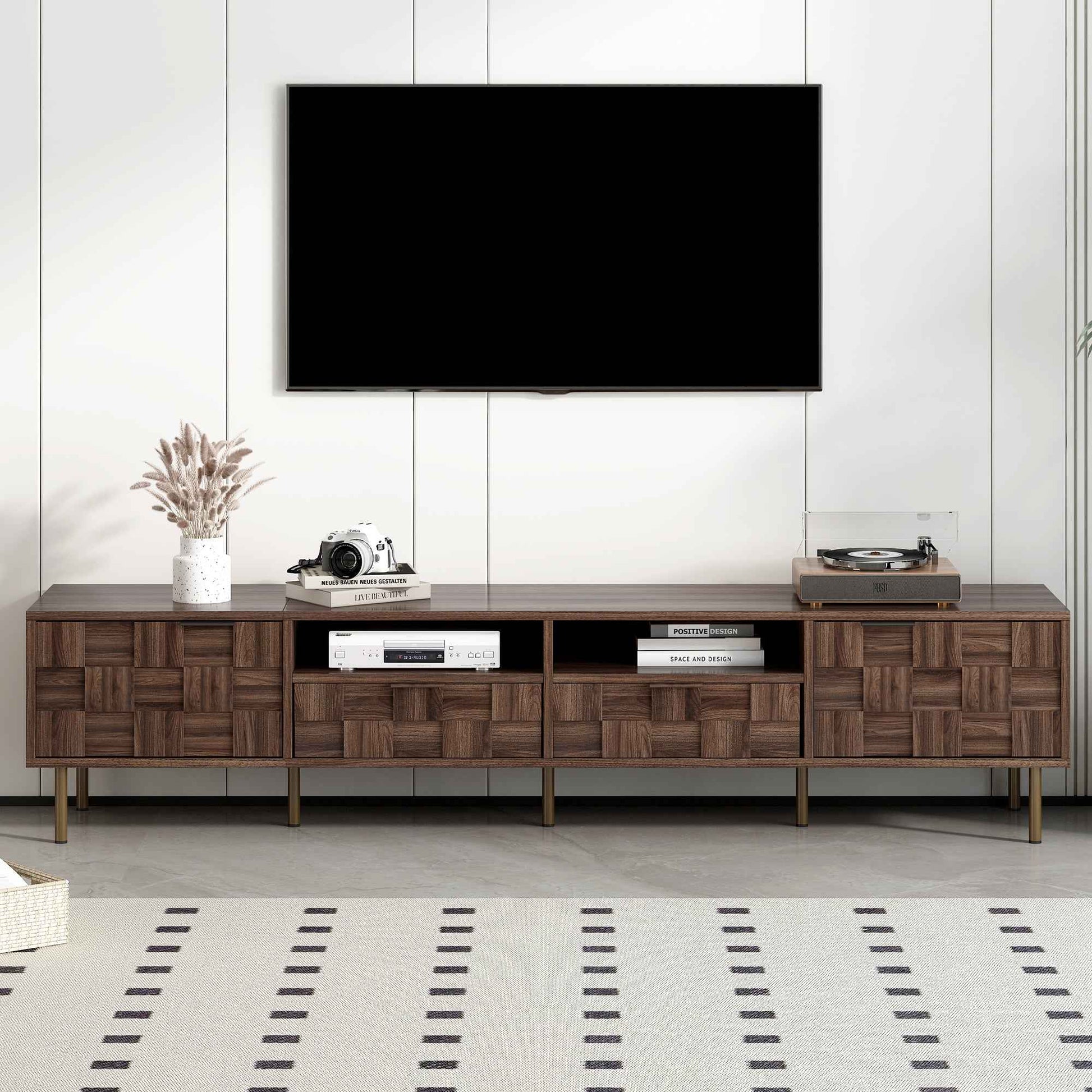 Mid Century TV Stand with 2 Drawers in Dark Brown, Media Console Table for TVs up to 85'', Made of Particle Board and MDF, 78.7'' x 15.7'' x 17.7''