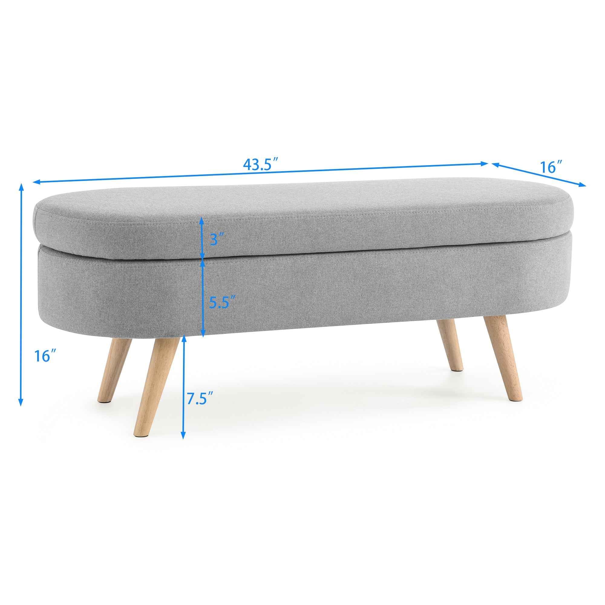 Ottoman Oval Storage Bench with Rubber Wood Legs, Grey Linen, 43.5'x16'x16'