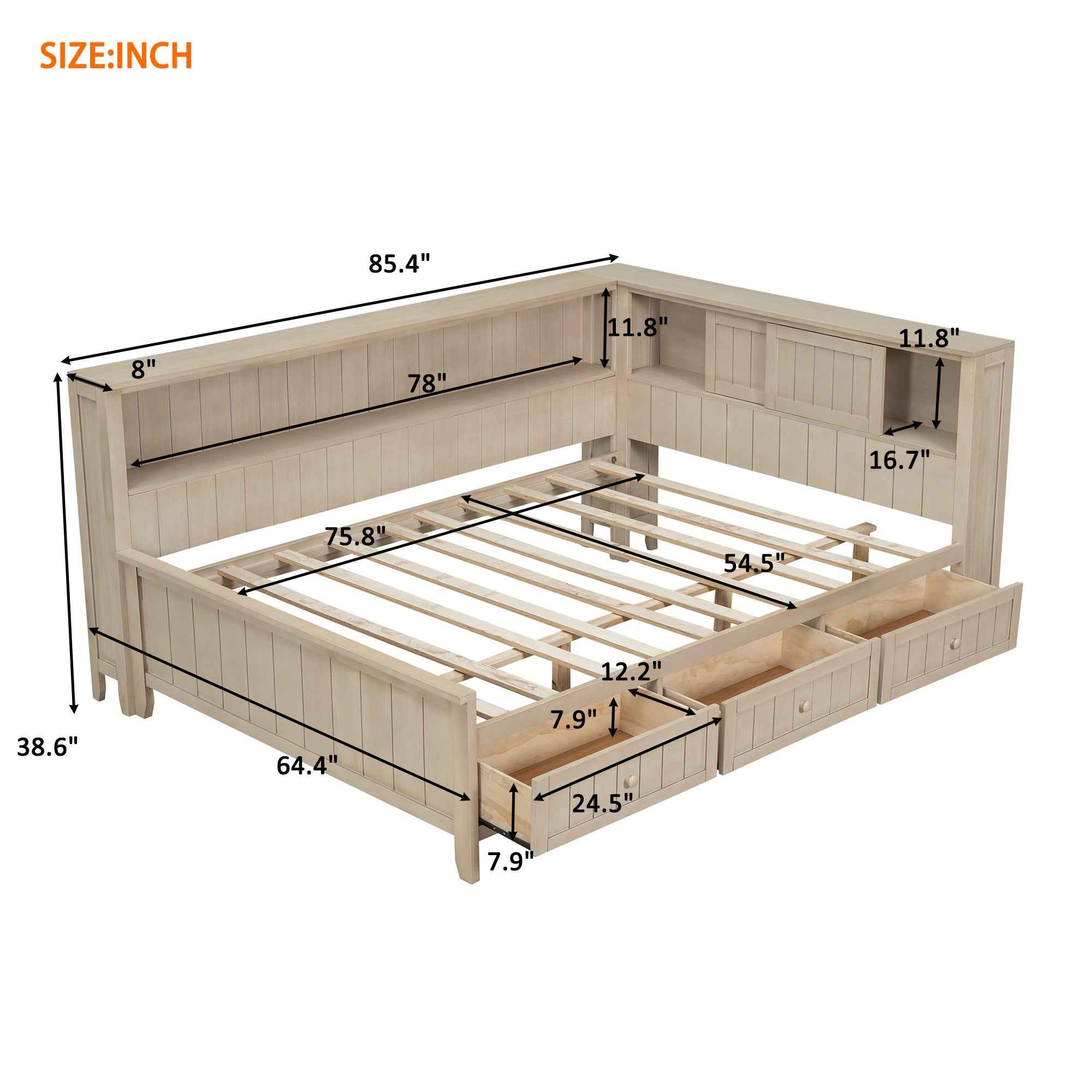 Full Size Wood Daybed with Storage Shelves and 3 Drawers in Antique White Milk Finish, Solid Pine Wood+MDF