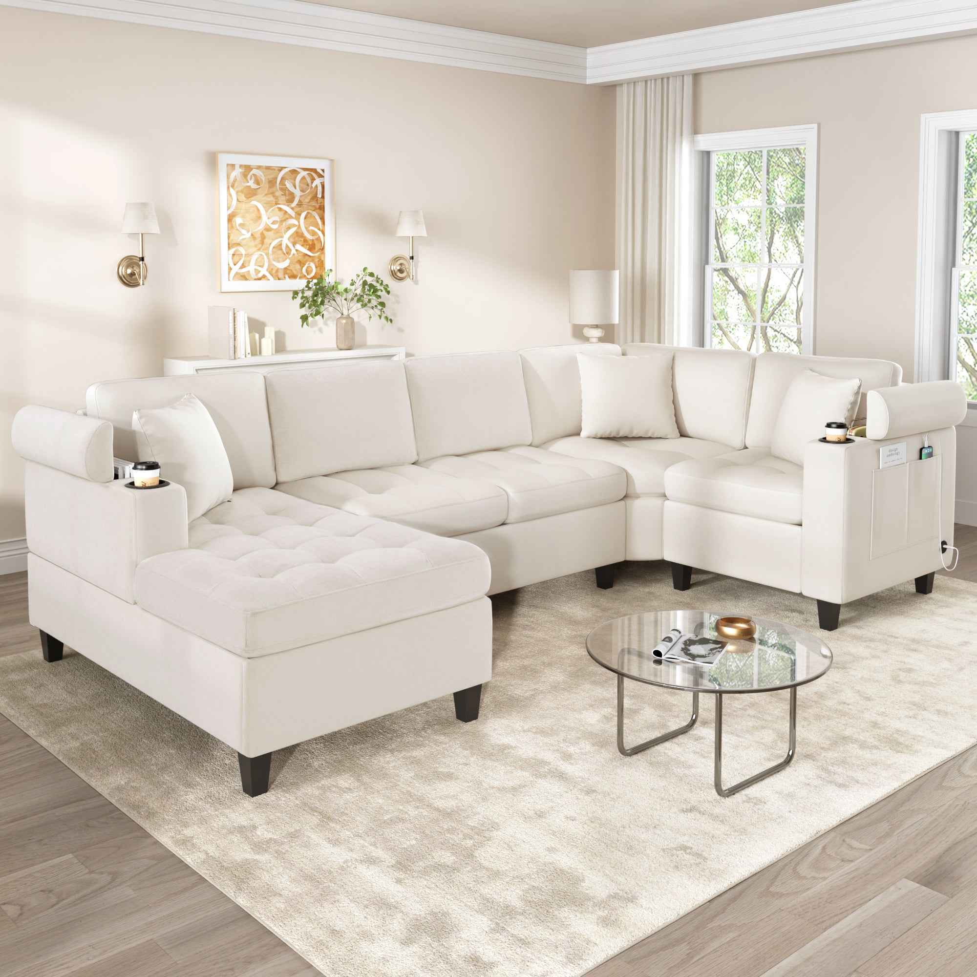 Modern U-shaped Sectional Sofa 115.7' with Built-in Cup Holders, Storage, USB Ports in Beige Chenille Fabric