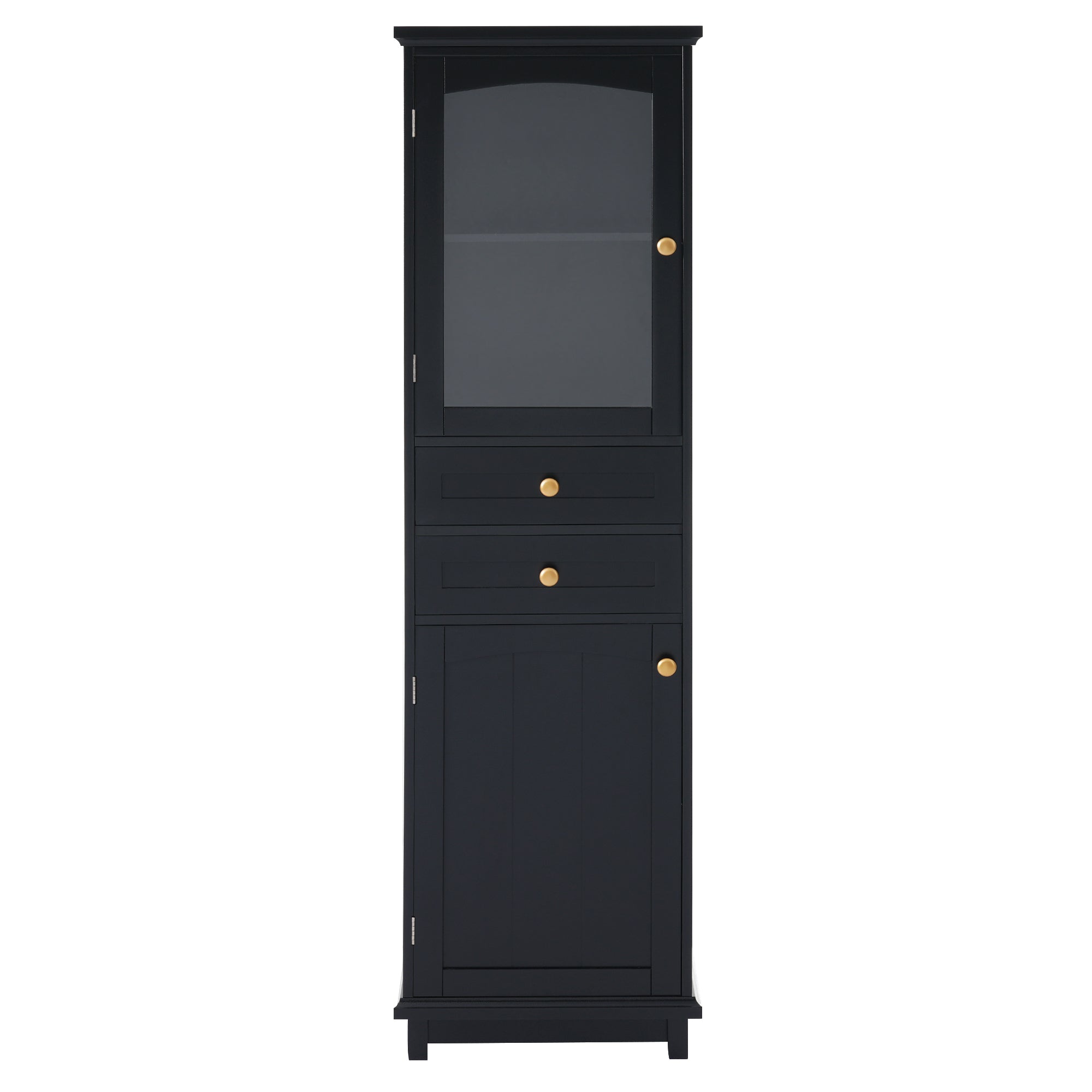 Modern 63-inch Tall Bathroom Storage Cabinet with Glass Doors, Two Drawers, Adjustable Shelves, Made of MDF with Black Painted Finish, Ideal for Organized Display