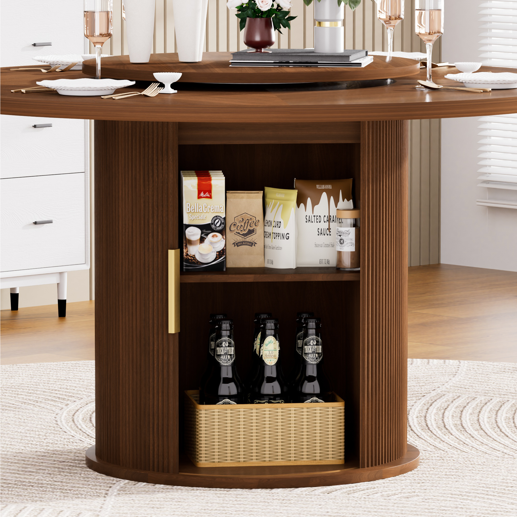 55-inch round dining table for six, featuring a double-tiered storage rack and a rotating tabletop tray. Wooden wavy-striped sliding doors. Ideal for home dining room living room (Walnut).