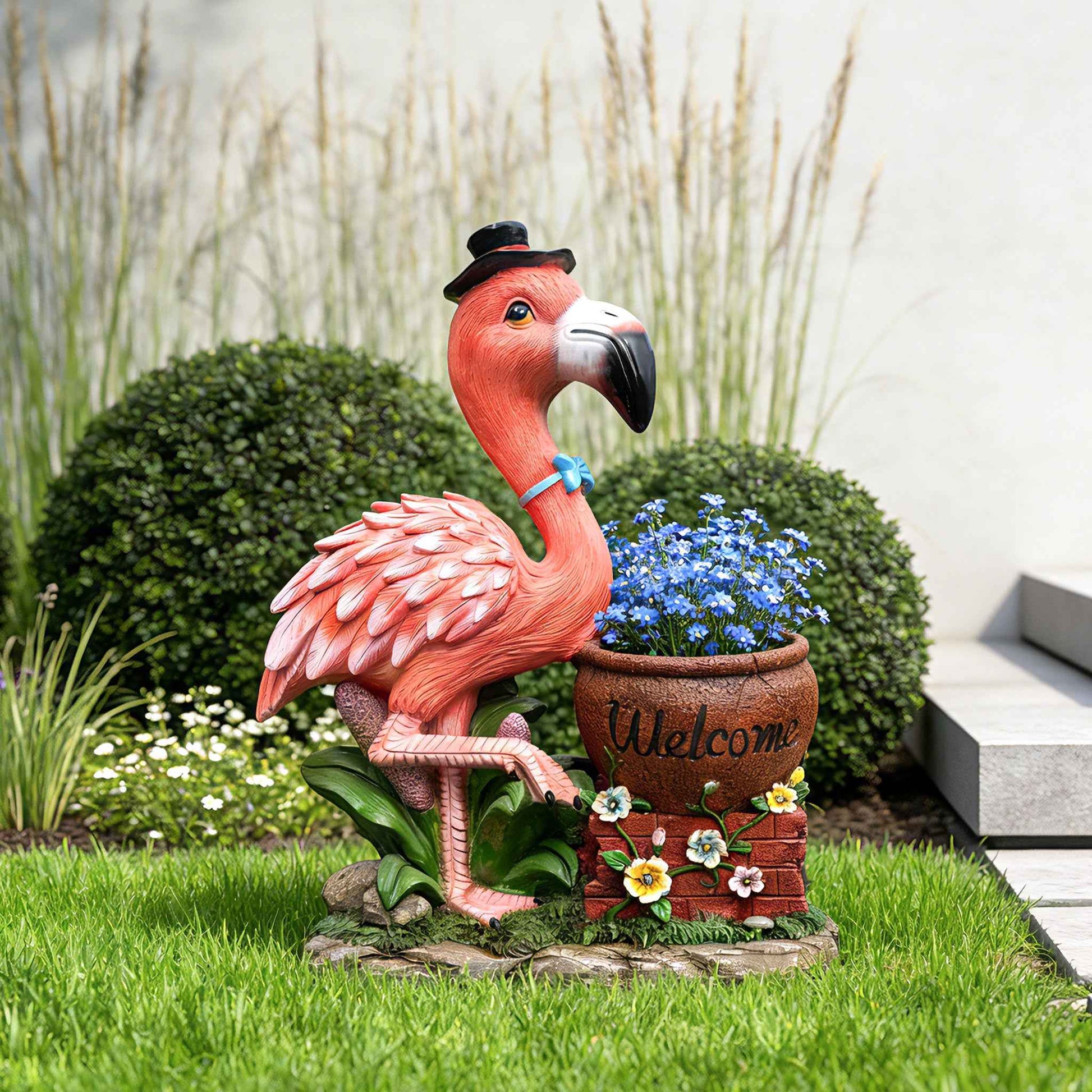 Outdoor Garden Sculpture Flamingo Flower Pot Planter - Unique Yard Statue Decoration, Interesting Law Outdoor Ornament