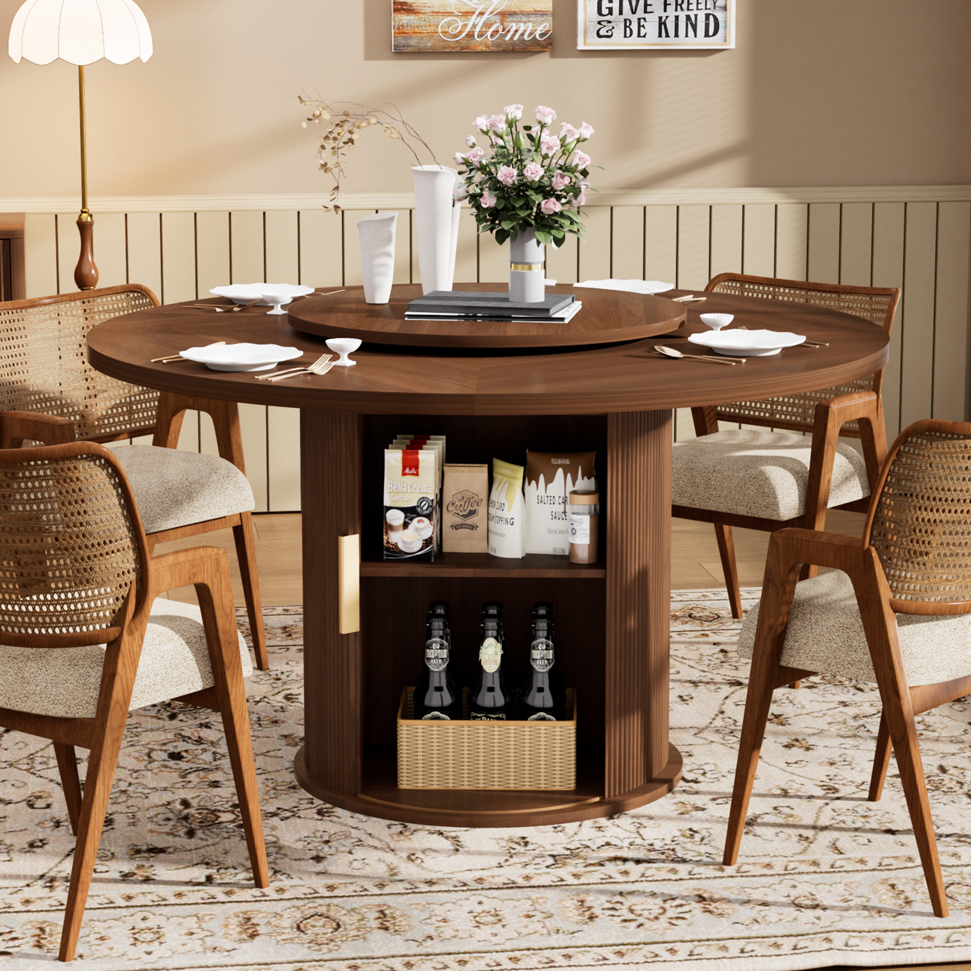 55-inch round dining table for six, featuring a double-tiered storage rack and a rotating tabletop tray. Wooden wavy-striped sliding doors. Ideal for home dining room living room (Walnut).