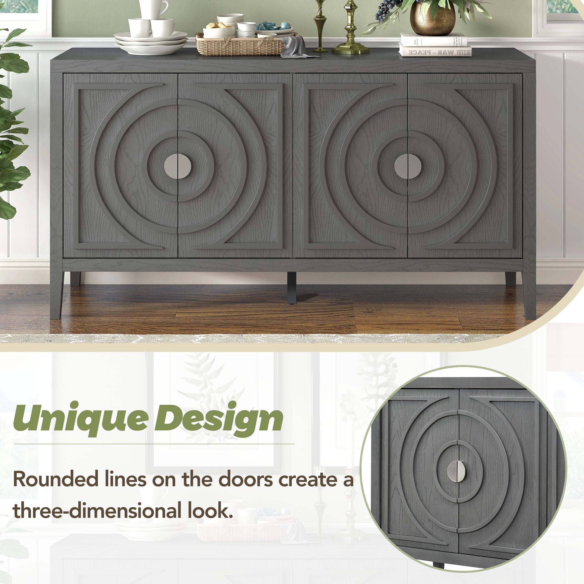 TREXM Retro Sideboard door with Circular Groove Design Round Metal Door Handle for Entrance, Dinning Room, Living Room (Gray)