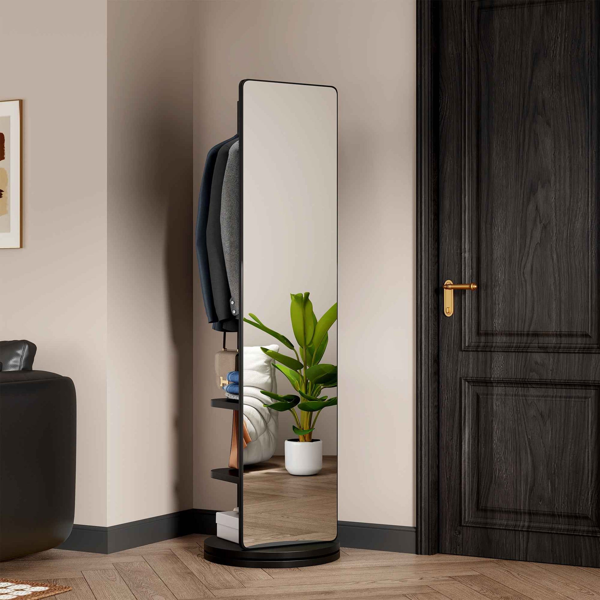 360° Rotating 69'x20' Multifunctional Full Length Mirror with Hook Storage Rack Coat Rack with Mirror Solid Wood Floor Mirror Bedroom Living Room Cloakroom Space Saving (black)