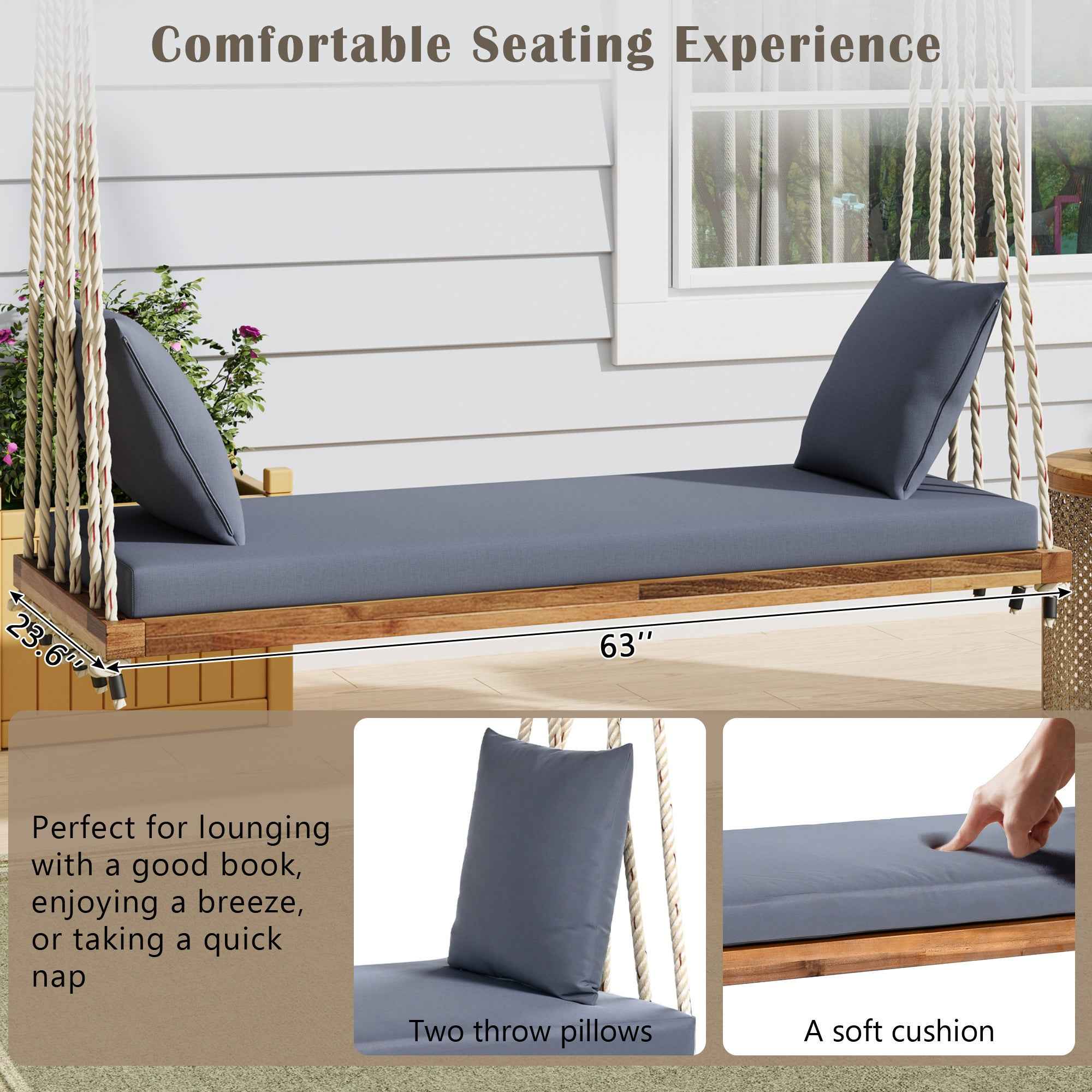 TOPMAX Patio Wooden Swing Chair, Hanging Porch Swing Bench with Cushion&Pillows, 10.8Ft Hemp Ropes for Garden,Backyard, Lawn,Natural