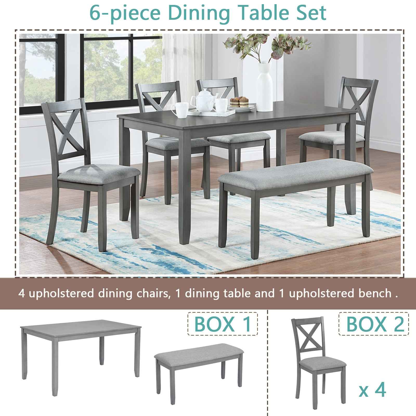 6PCs Kitchen Dining Set, Rectangular Wooden Dining Table with 4 Upholstered Chairs and a Bench, Dining Table Set for 6 People, Living Room, Home Bar and Kitchen, Gray