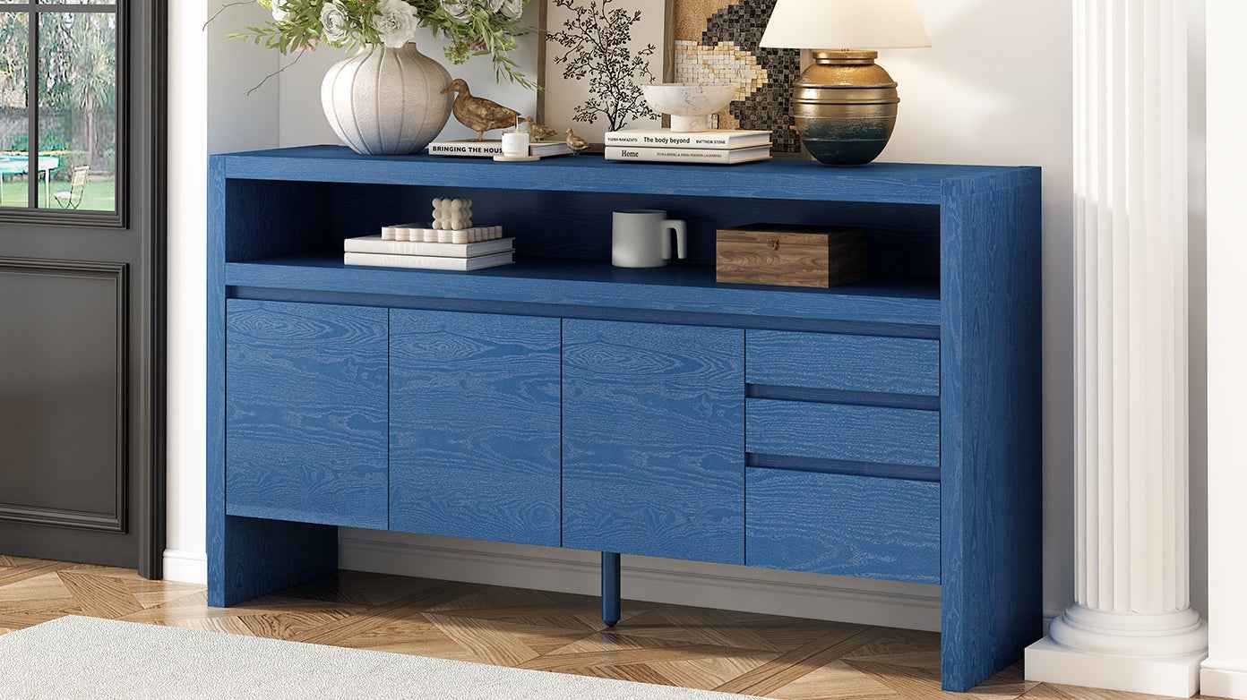 U_Style 60' 3-Door Sideboard with 3 Drawers - Modern Solid Ash Veneer MDF Sideboard, Semi-Open Shelf & Center Semi-Circular Cutout in Back Panel, Large Storage Cabinet for Living Room, Hallway, Dining