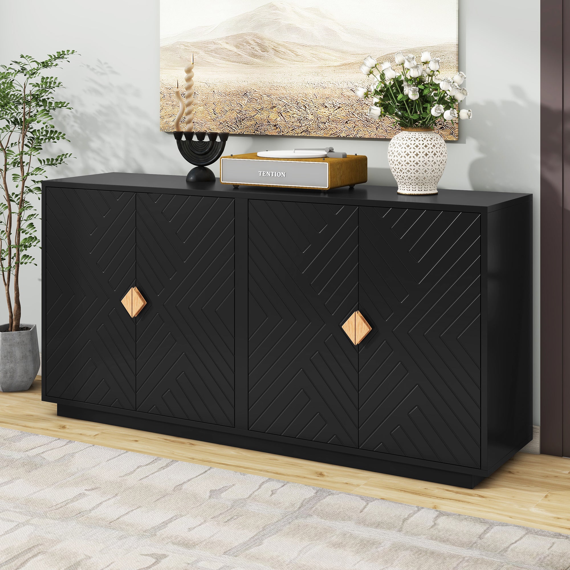 TREXM Modern Functional Large Storage Space Sideboard with Wooden Triangular Handles and Adjustable Shelves for Living Room and Dining Room (Black)