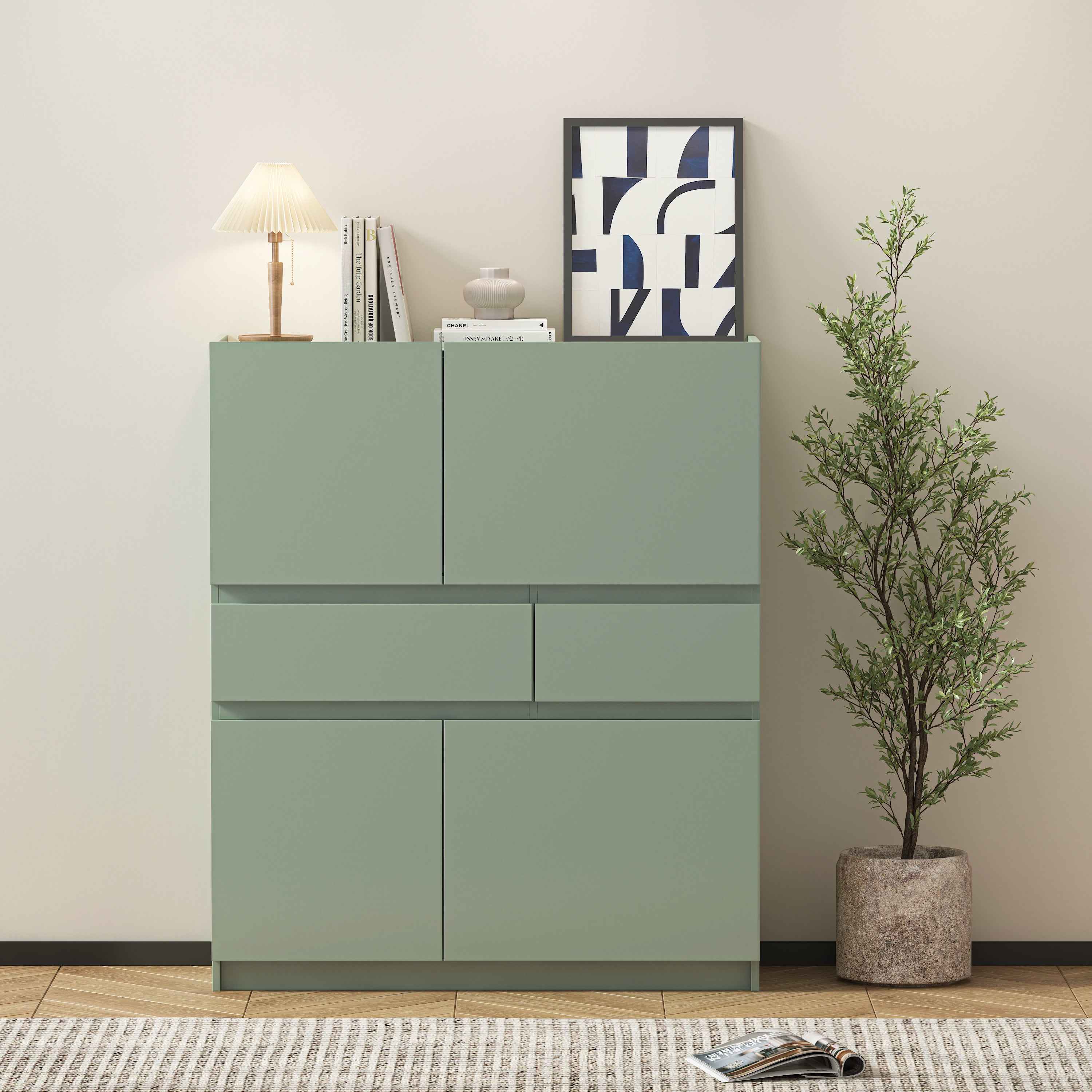 Green wooden storage cabinet with 4 doors and 2 drawers