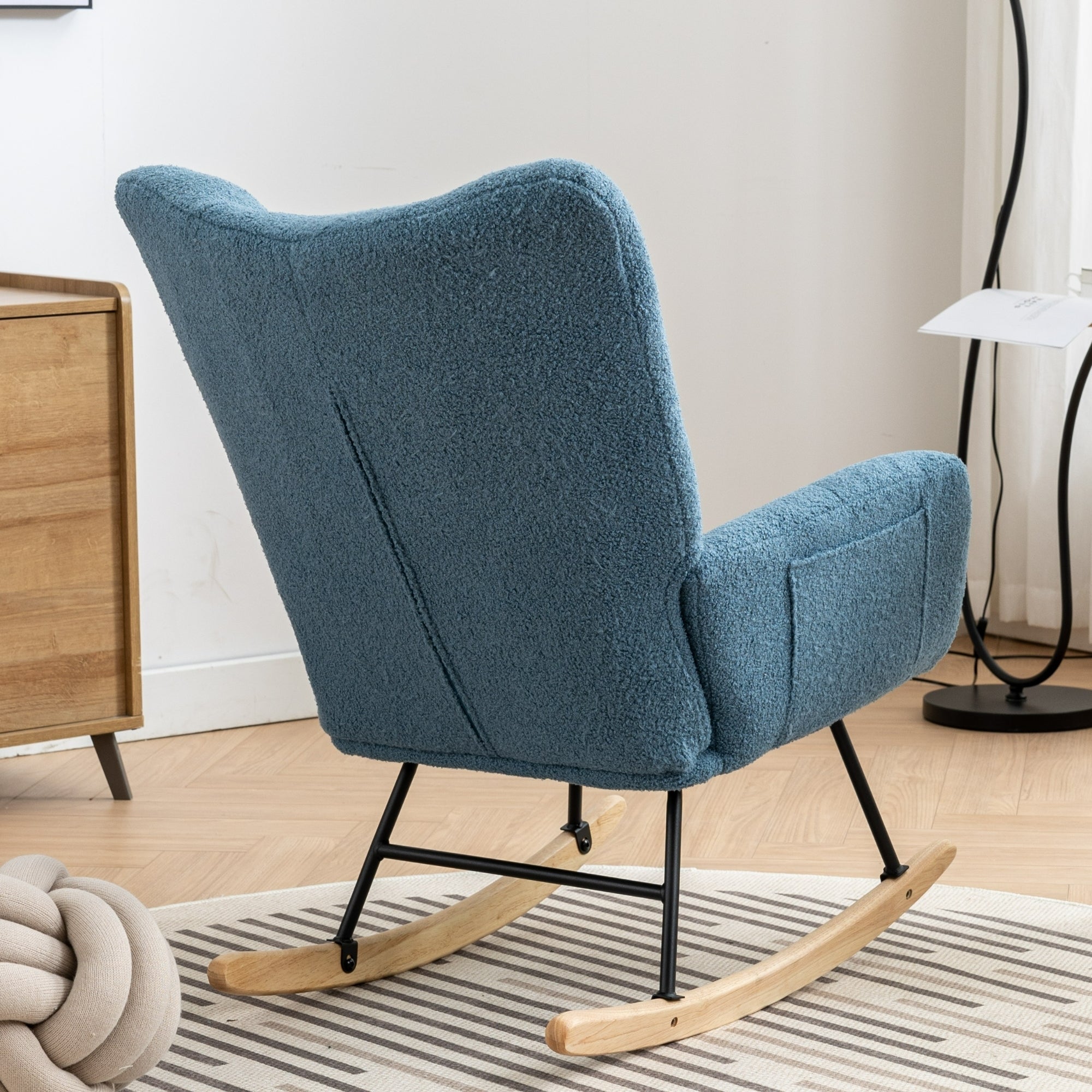 Rocking Chair with Pocket, Soft Teddy Fabric Rocking Chair for Nursery, Comfy Wingback Glider Rocker with Safe Solid Wood Base for Living Room Bedroom Balcony (blue)