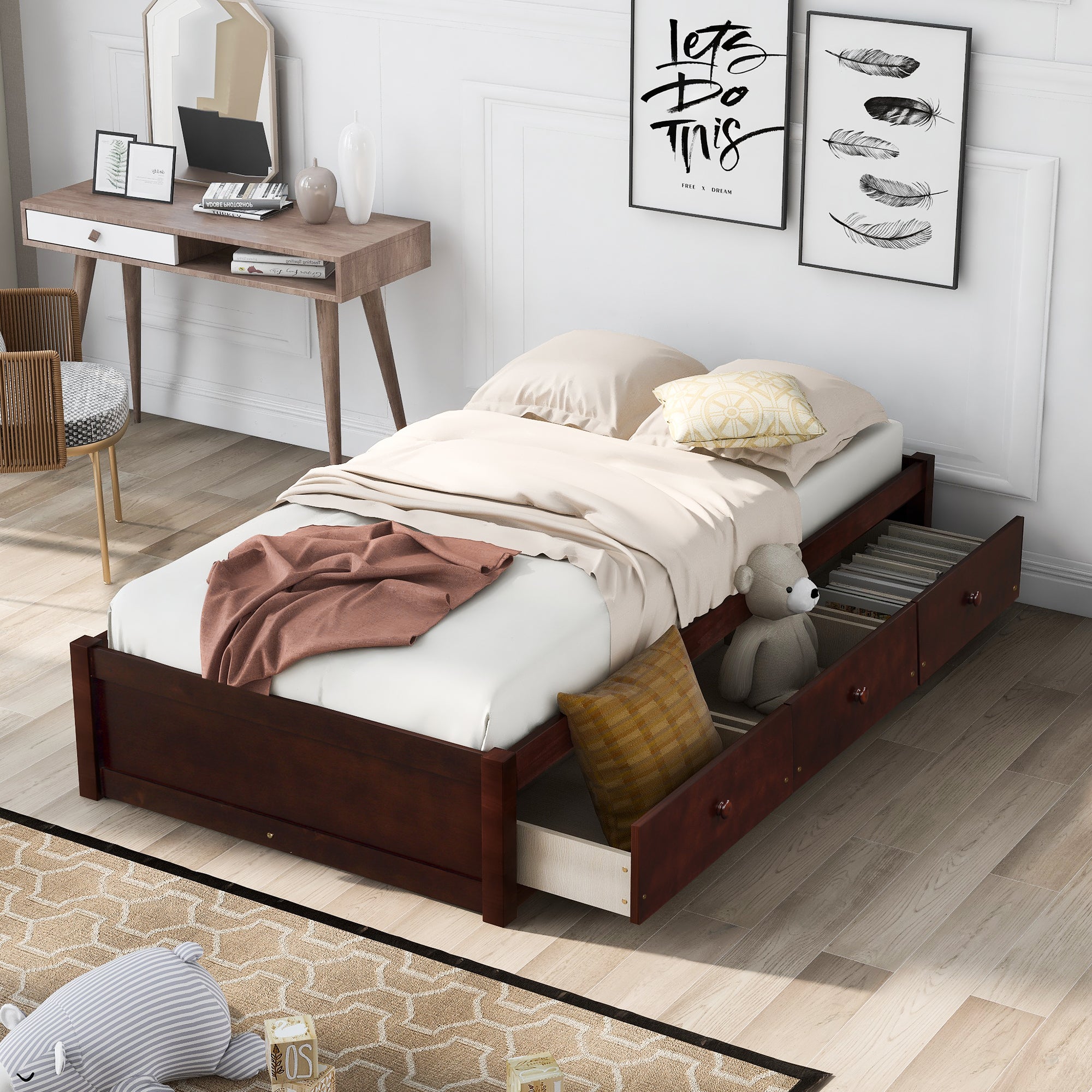 Orisfur. Twin Size Platform Storage Bed with 3 Drawers