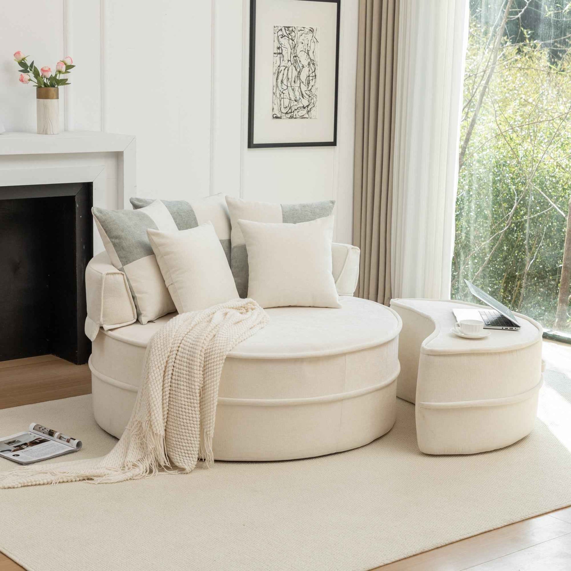 Modern Oversized Beige Round Barrel Accent Chair with Ottoman - Velvet Upholstered Lounge Armchair with 5 Pillows for Living Room or Bedroom