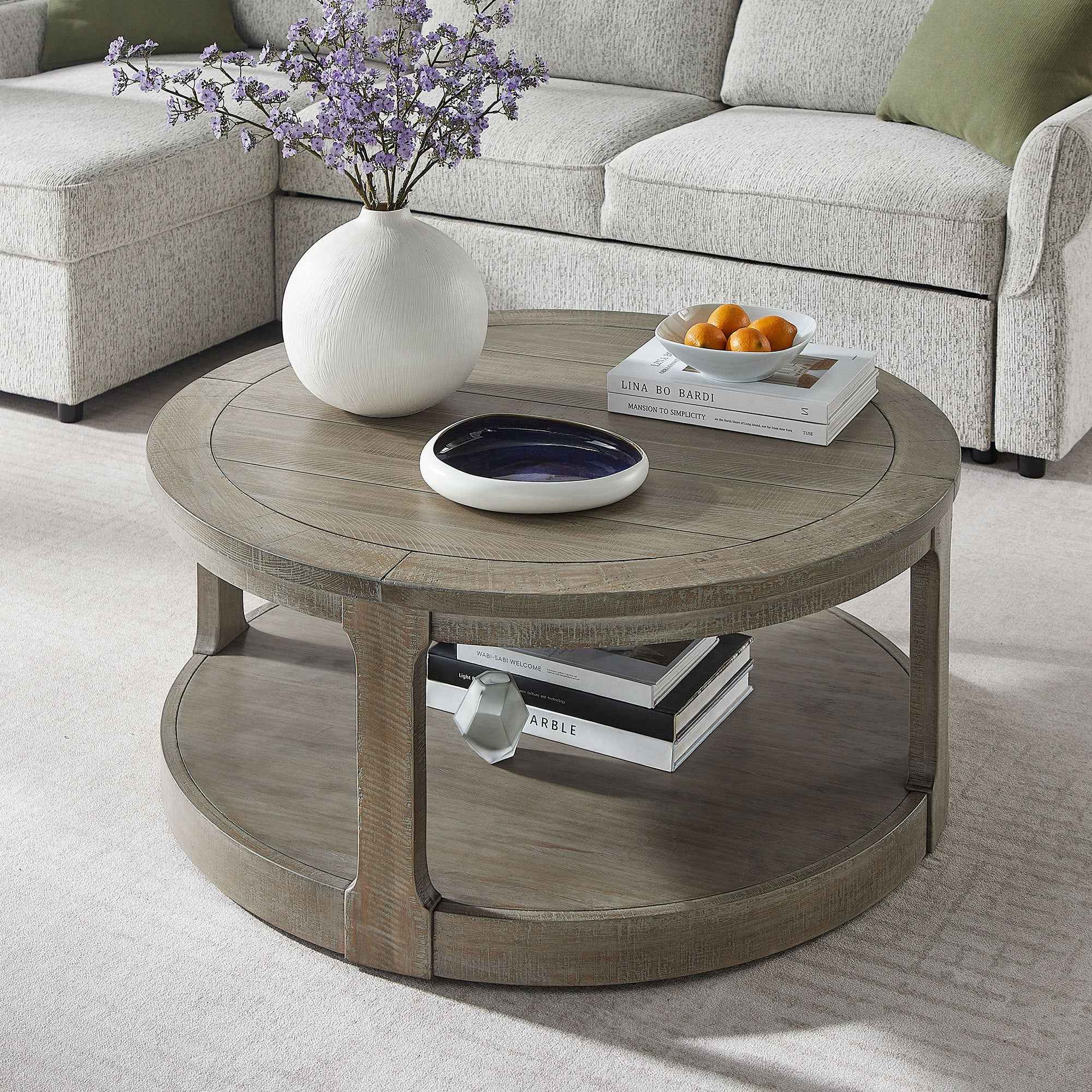 40inch Large Curved 2 Tier Traditional Round Circle Wooden Center Coffee Table,Rounded Table with Wheels,Mid Century Rustic Style Table for living Room,Office,Apartment,Light Brown