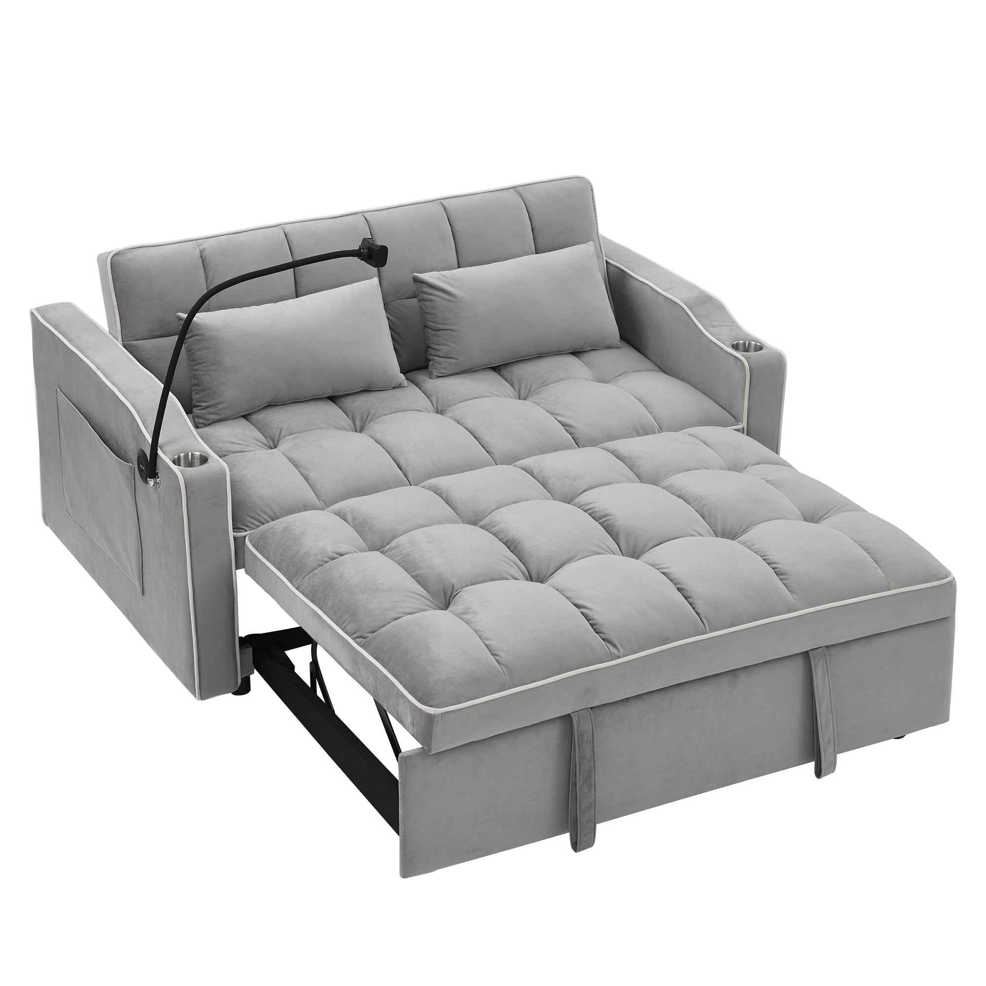 55.51 inch versatile foldable sofa bed in 3 lengths, modern sofa sofa sofa velvet pull-out bed, adjustable back and with USB port and ashtray and swivel phone stand (Grey)