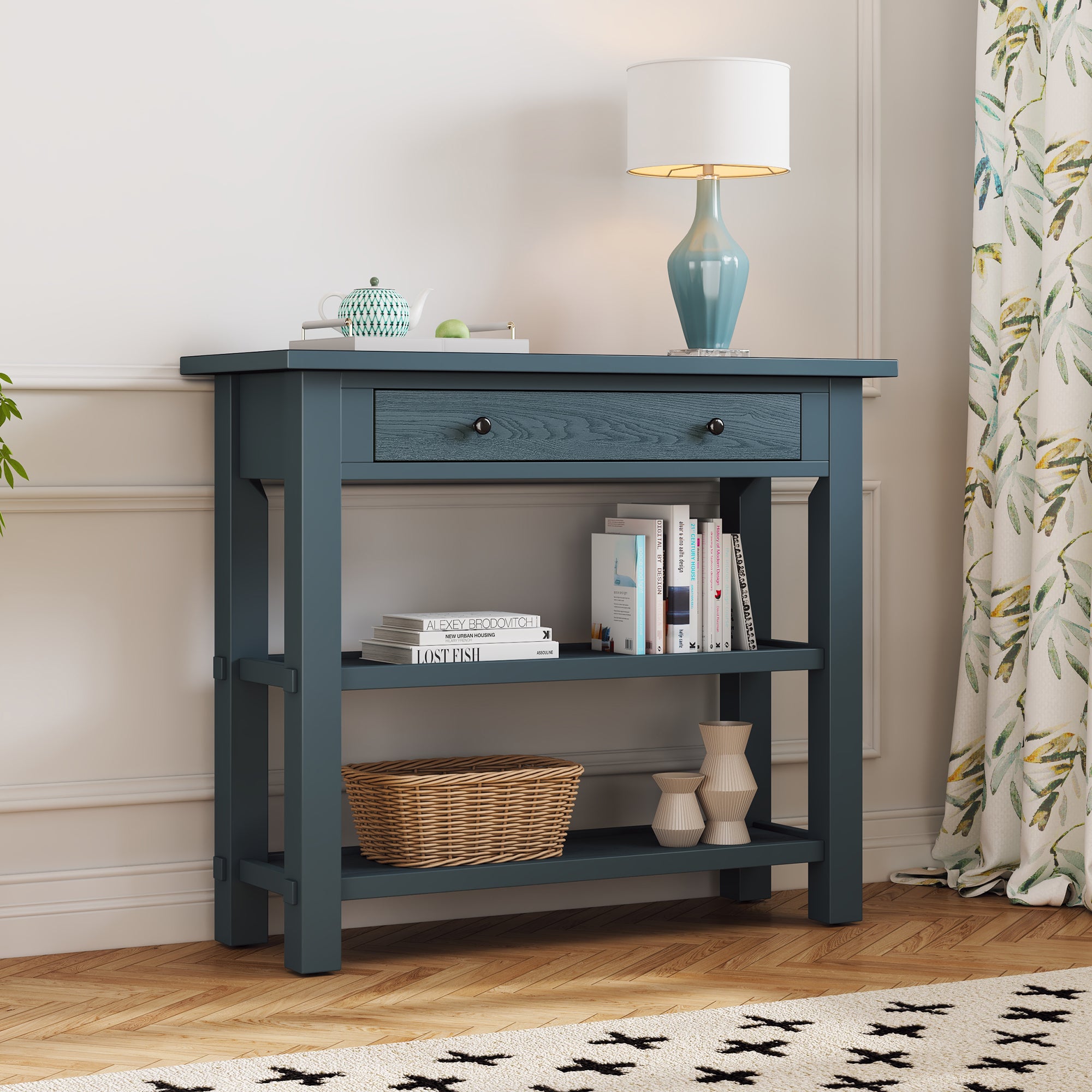 TREXM Retro Console Table with Drawer and Two Sturdy Shelves for Entryway, Living Room (Navy)