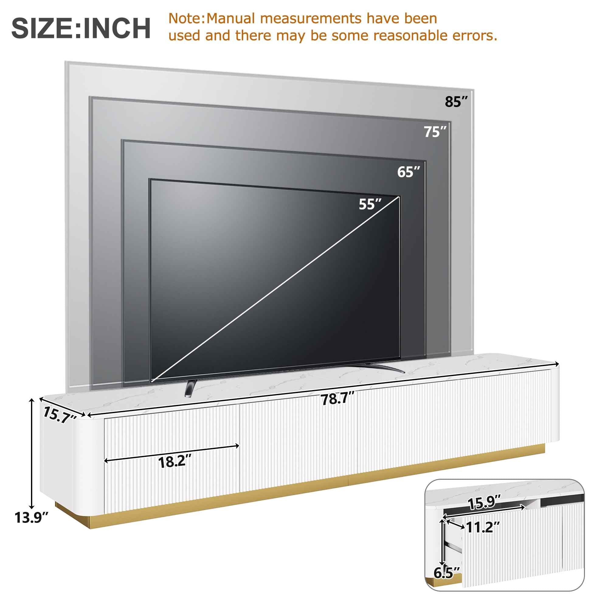 ON-TREND Luxury Fluted TV Stand for TVs Up to 85', Faux Marble Tabletop Media Console with 4 Drawers, Curved Profile Design, Modern Entertainment Center with Gold Base for Living Room, White