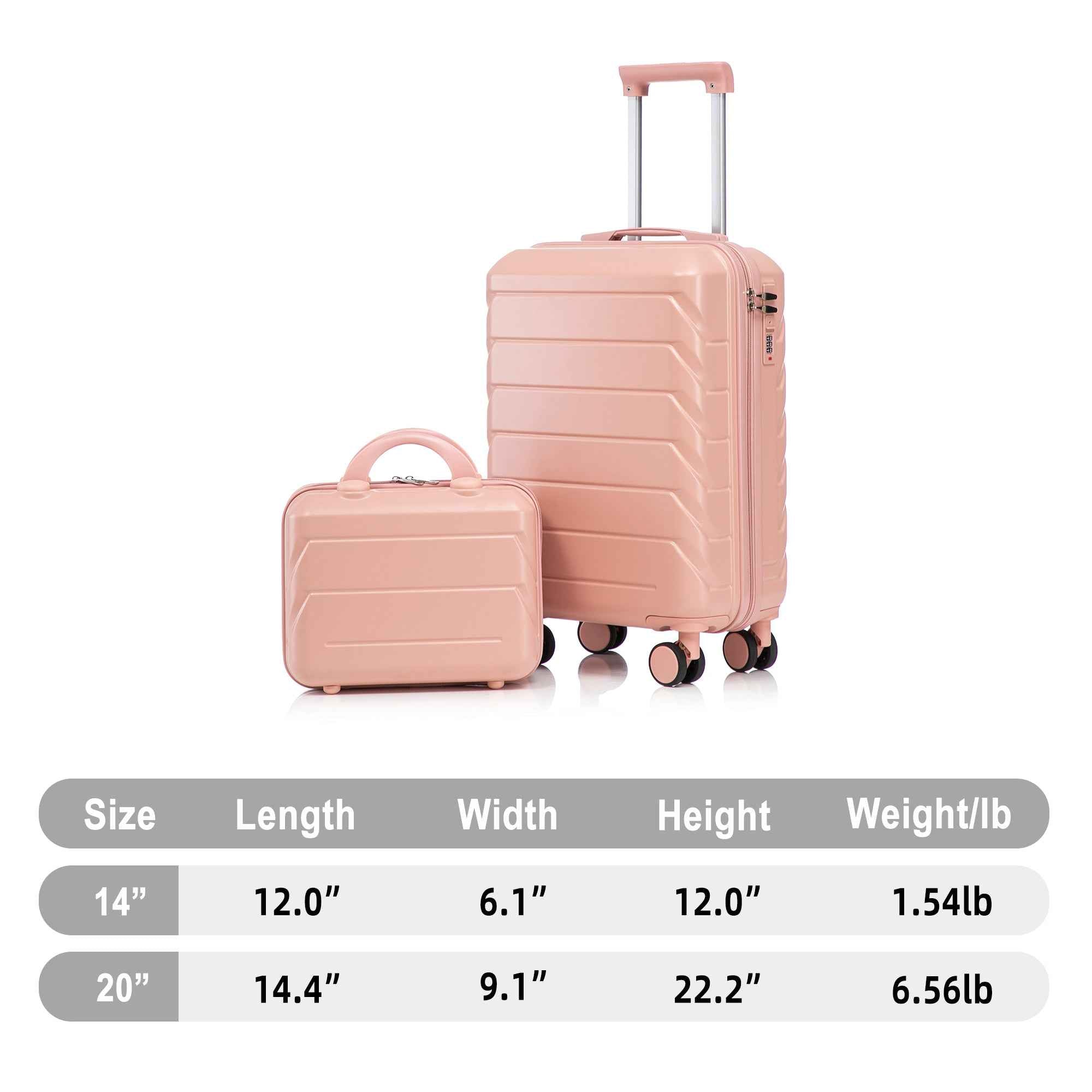 14'/20' 2 pcs/set in ABS Spinner Wheel Luggage, with Combination Lock,14' Cosmetic Case (Pink)