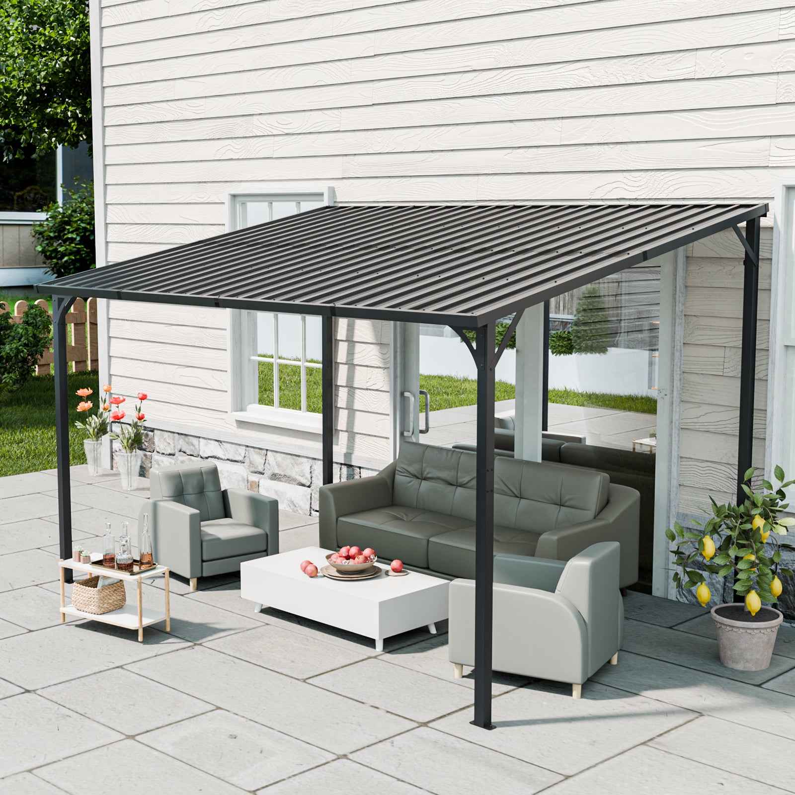 Outdoor Pergola, 12' x 8' Outdoor Pergola for Patio, Large 8x12 Galvanized Steel Lean to Wall-Mounted Pergolas  for outdoor barbecues and family gatherings
