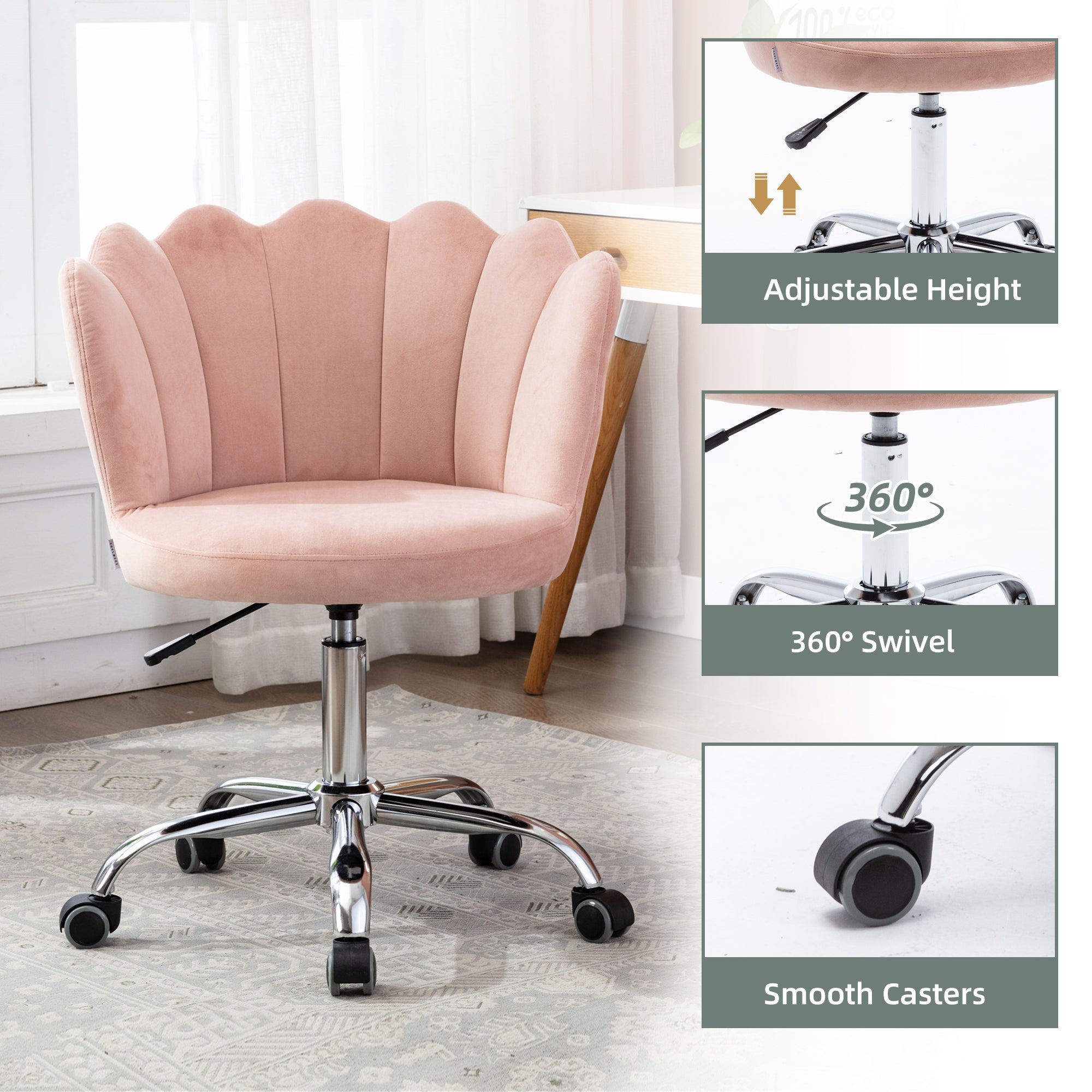 COOLMORE Velvet Home Office Chair with silver Base, Modern Cute Shell Back Upholstered Desk Chair for Vanity, Adjustable Swivel Task Chair for Office (Pink Velvet)