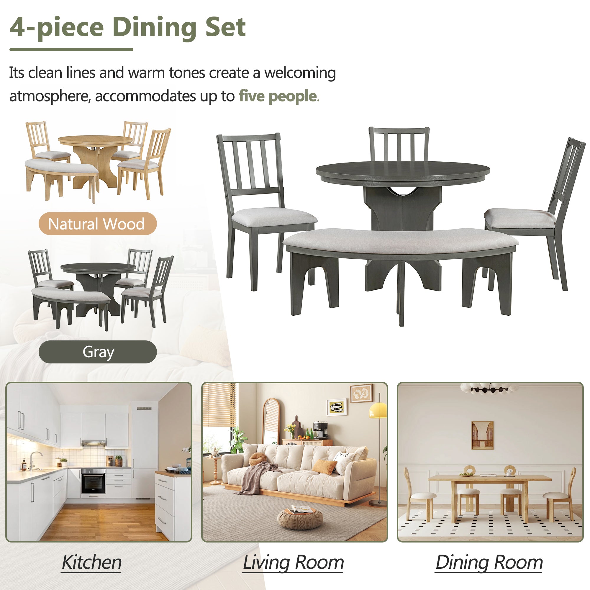 TREXM 5-piece Rustic Charm Round Dining Set with 3 Upholstered Chairs and Curved Bench for Dining Room, Kitchen and Living room (Natural)