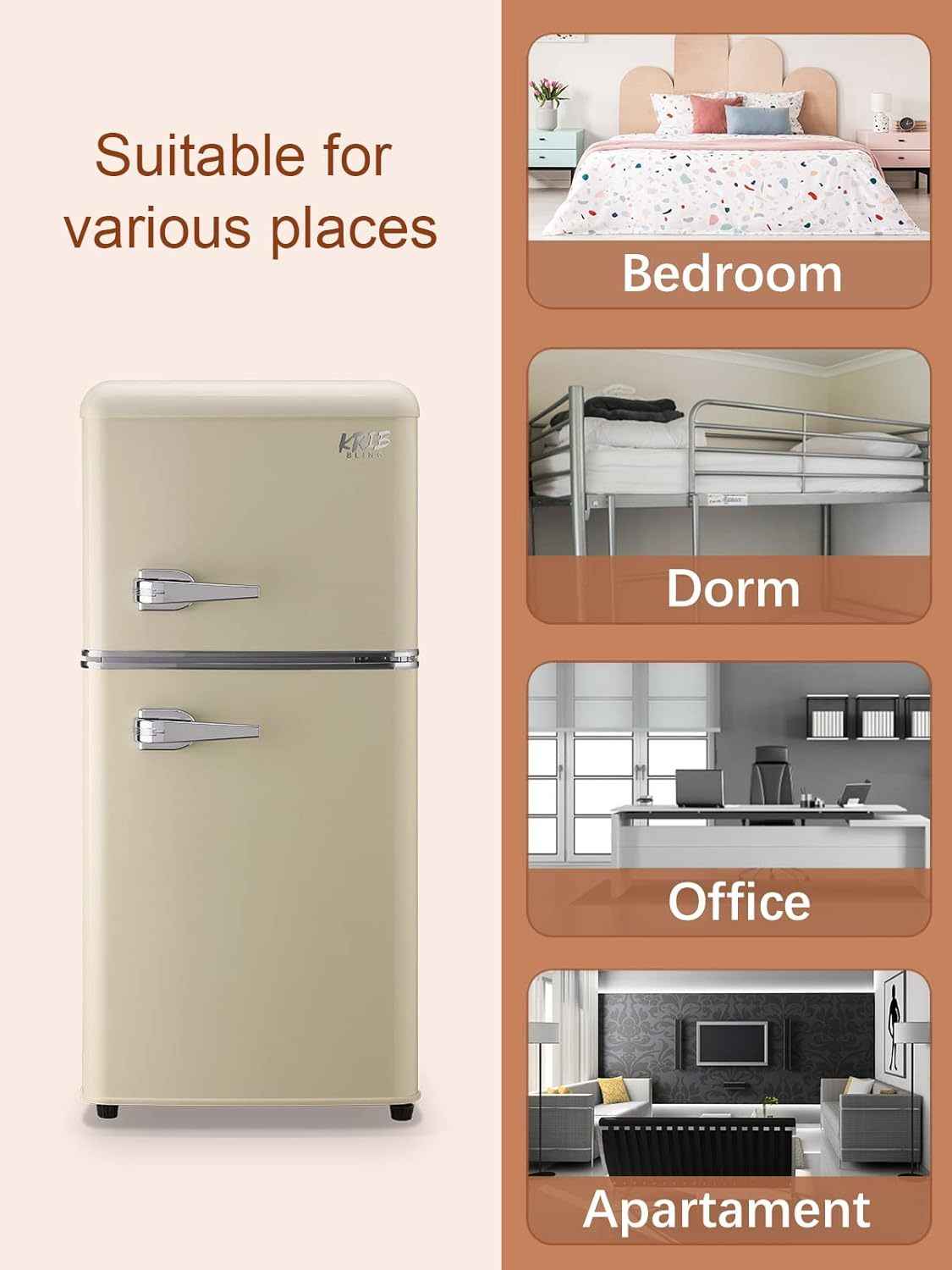 3.5Cu.Ft Compact Refrigerator Mini Fridge with Freezer, Small Refrigerator with 2 Door, 7 Level Thermostat Removable Shelves for Kitchen, Dorm, Apartment, Bar, Office, Cream