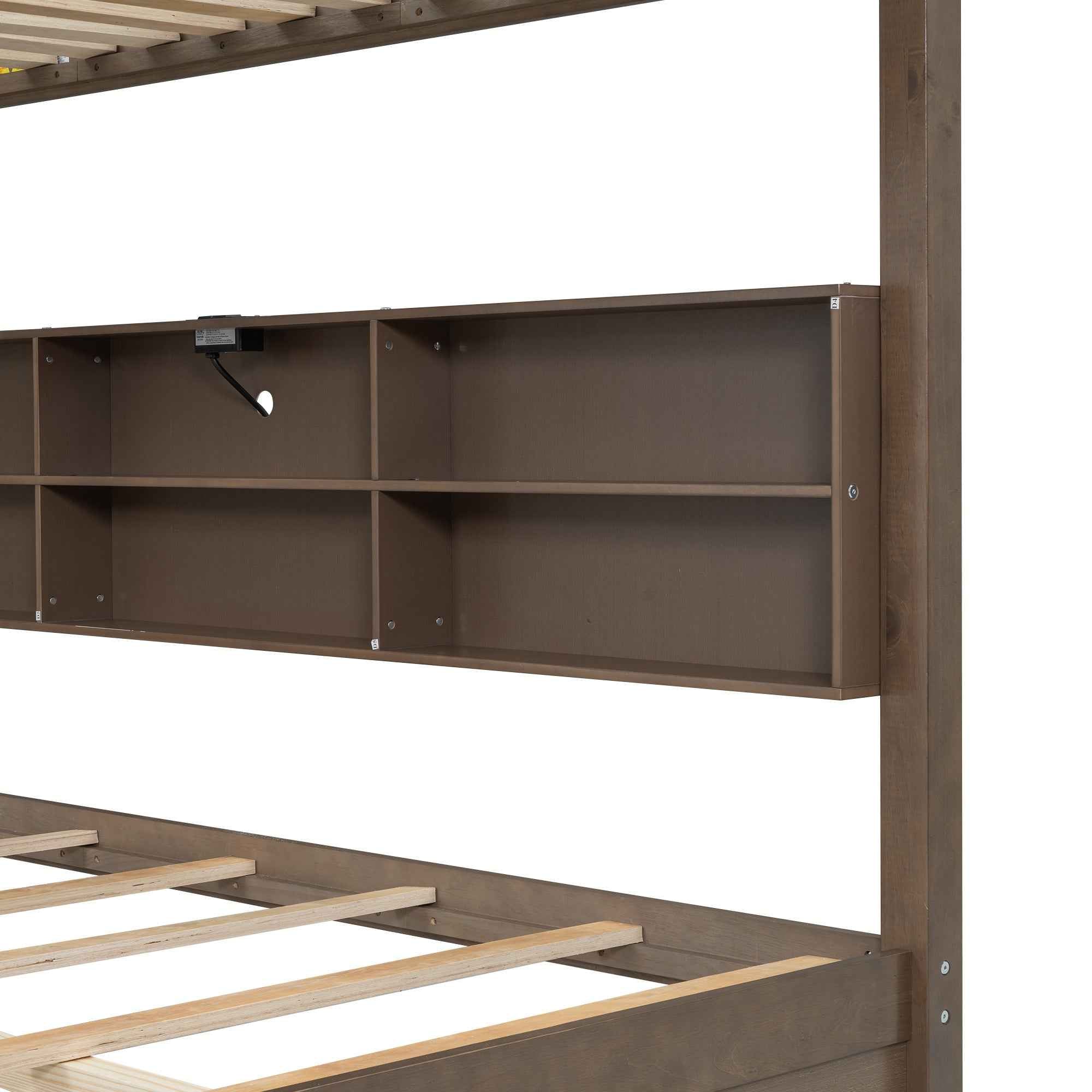 Queen over Queen Bunk Bed with Storage Cabinets and USB Ports in Antique Wood Color, Solid Pine Wood+MDF