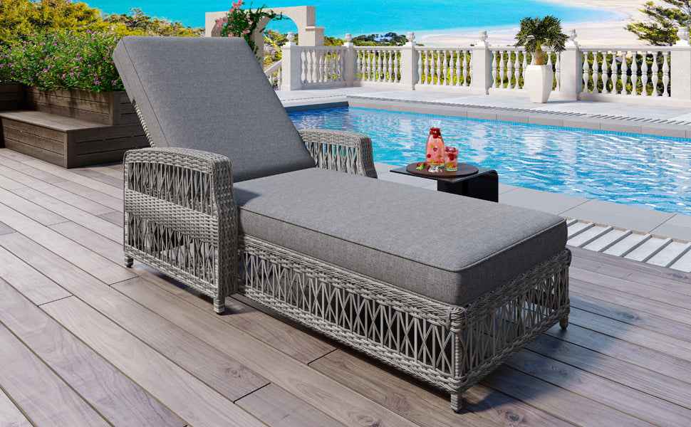 GO Outdoor Long Reclining Chaise, Wicker Lounge with Armrests, Patio Adjustable Recliner with Soft Removable Cushions, All Weather Rattan Pool Lounge for Poolside & Garden, Gray
