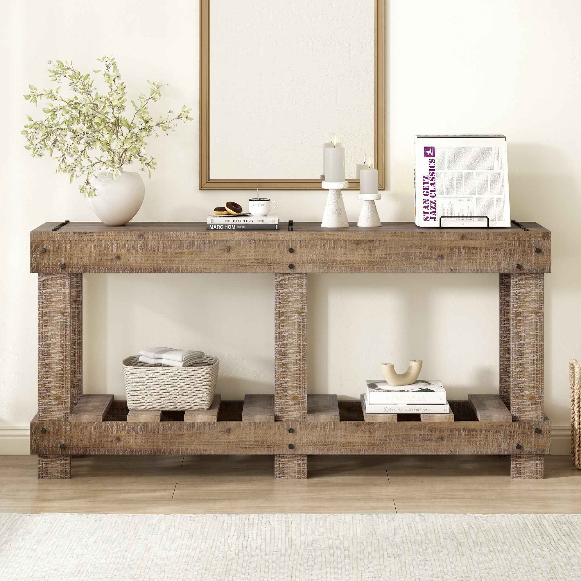 U_Style 62.9' Vintage Entryway Table - Fir Solid Wood with Natural Grain, 6 Reinforced Legs & 4.5' Thick Desktop, Metal Rivet Decor & Plank Under-Shelf, Console Table for Hallway, Living Room