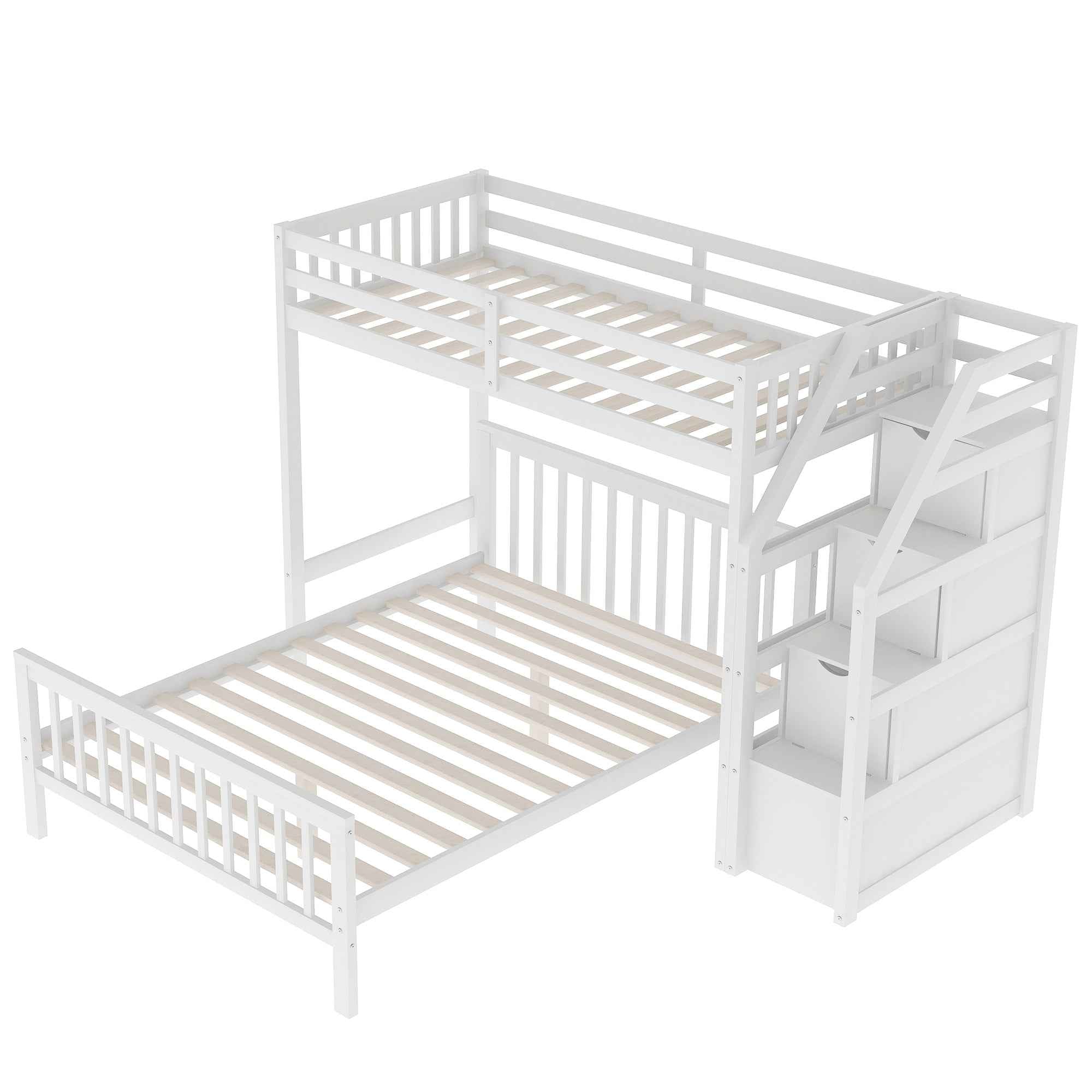 White Twin over Full Loft Bed with Staircase and Storage, Pine Wood + MDF, 97.2''L x 78.4''W x 61.4''H