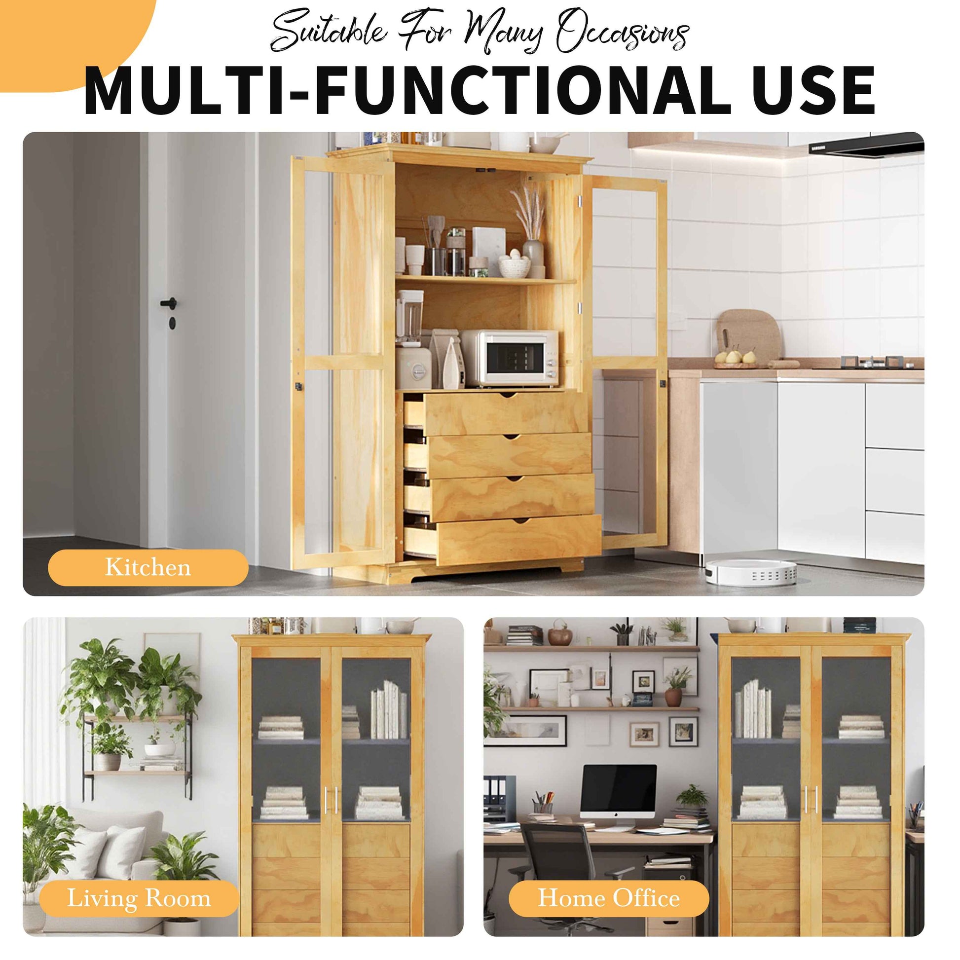 TOPMAX 44.7x20x75inch Kitchen Pantry, Freestanding Kitchen Storage Cabinet Display Cabinet with Glass Doors and 4 Built-in Drawers for Living Room, Home Office, Natural