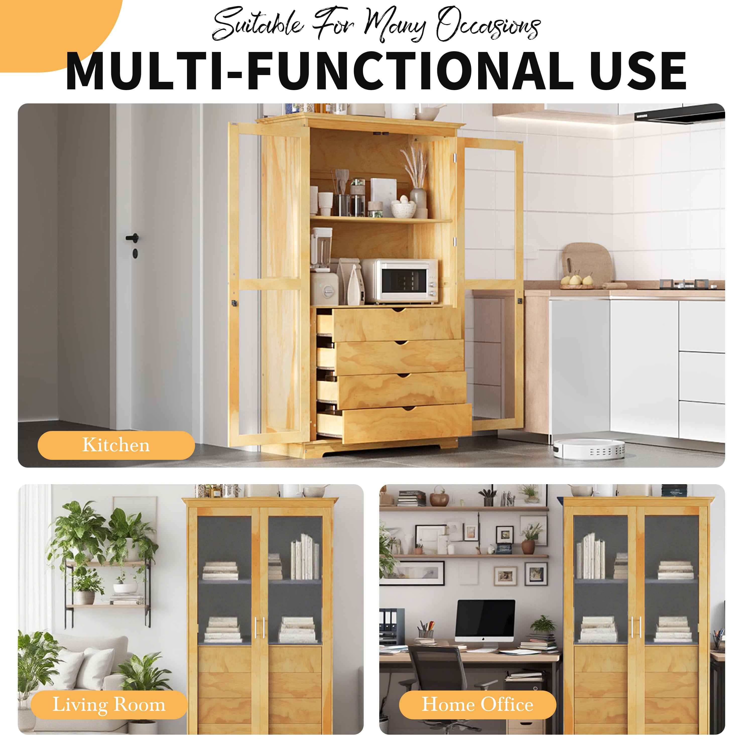 TOPMAX 44.7x20x75inch Kitchen Pantry, Freestanding Kitchen Storage Cabinet Display Cabinet with Glass Doors and 4 Built-in Drawers for Living Room, Home Office, Natural