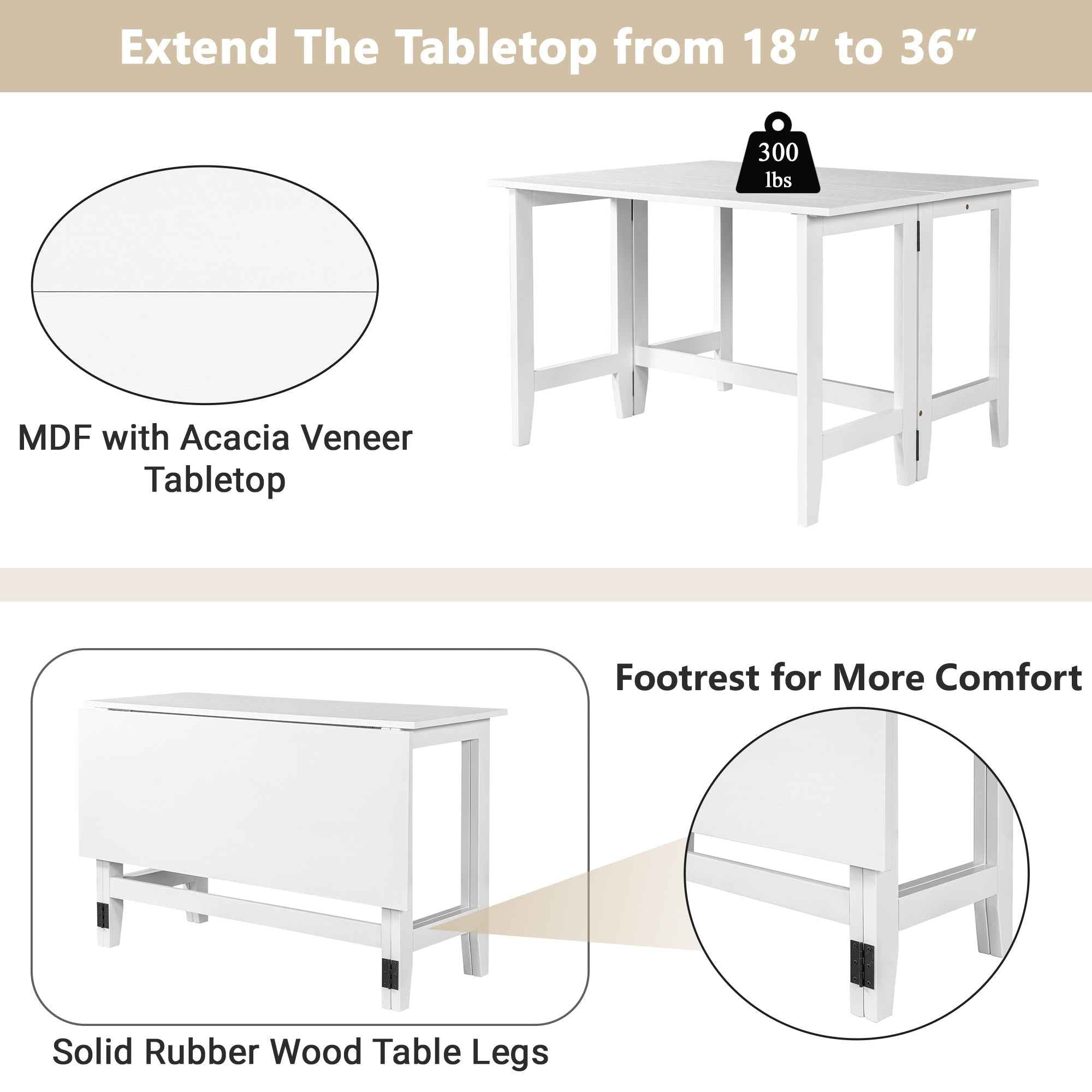 TOPMAX Farmhouse Wood Extendable Dining Table with Drop Leaf for Small Places, White(OLD SKU:N717P195019)