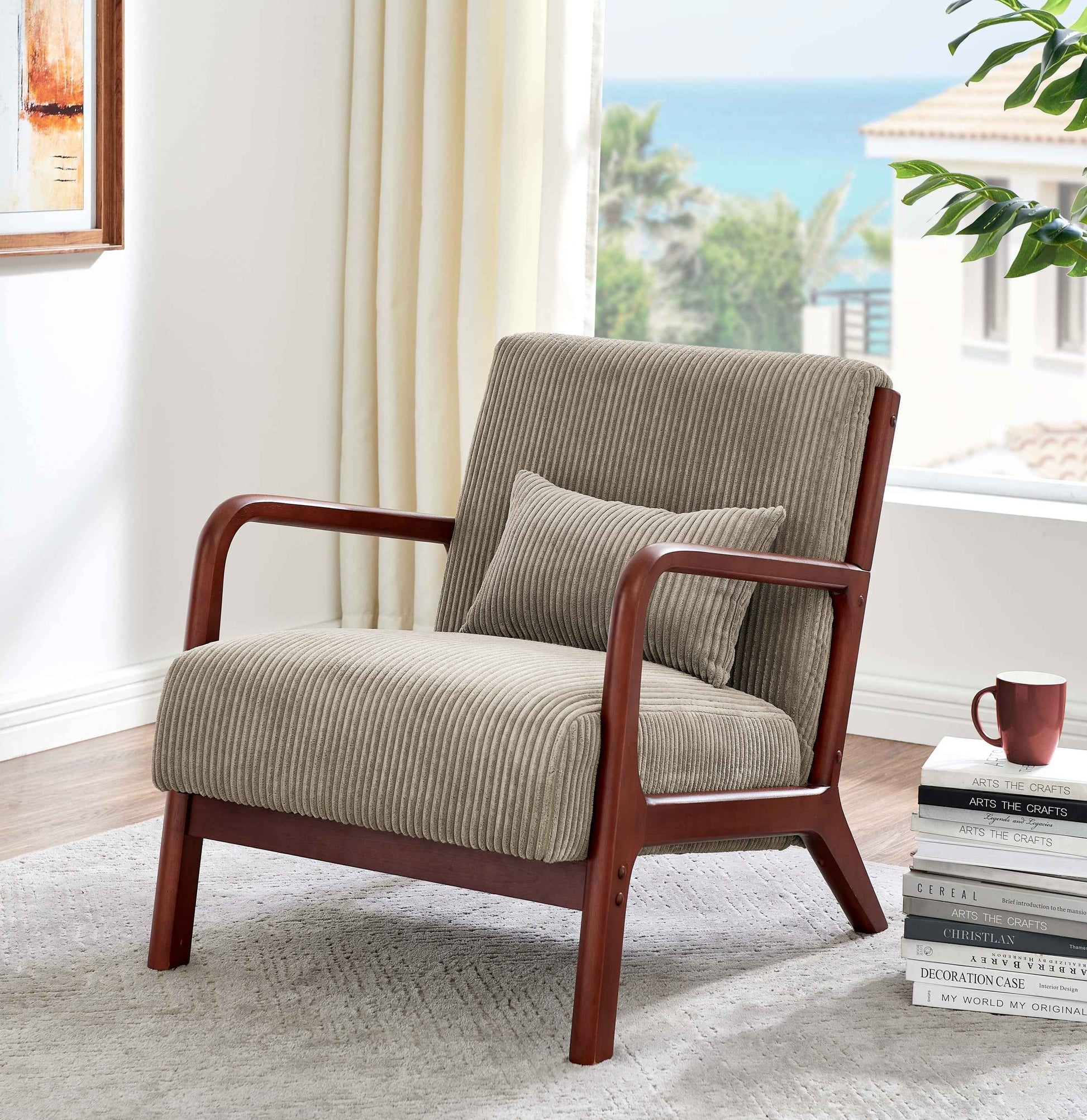 Corduroy Upholstered Wooden Armchair