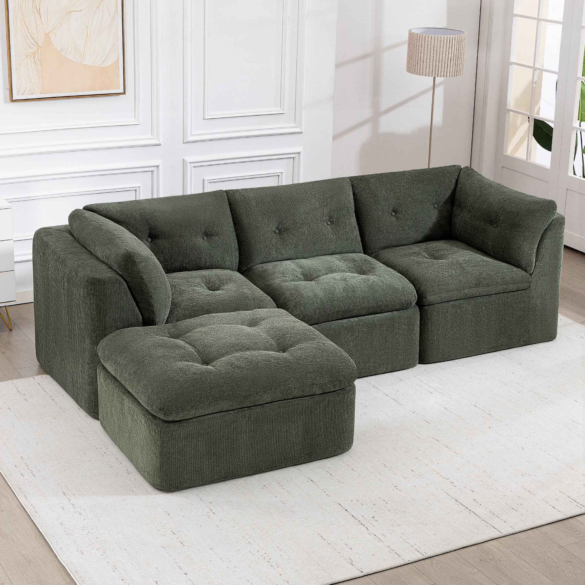 Modern Cloud-style Living Room Sofa, Deep Seat Convertible L-shaped Frame-free Sofa (with Ottoman), Oversized Comfortable 4-seater Chenille Fabric Compressed Sofa, Modular Sectional Sofa